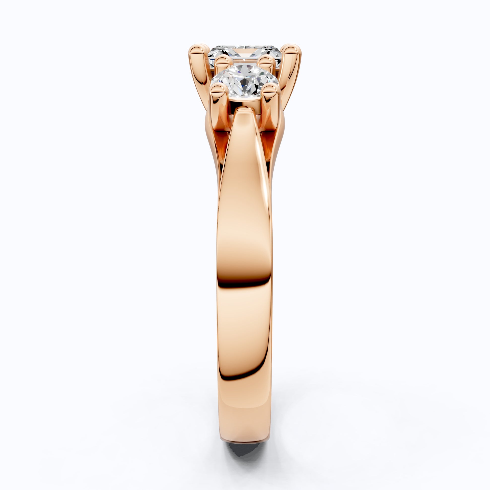 Princess and Round Trio Stone Engagement Ring in 18K Solid Gold, Handmade Jewelry Gift for Wife, Wedding Gift