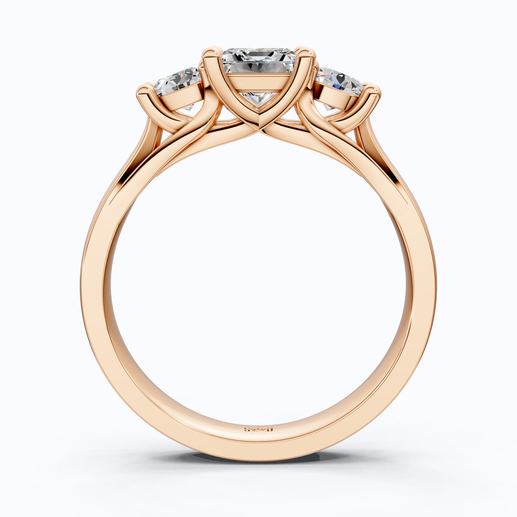 Princess and Round Trio Stone Engagement Ring in 18K Solid Gold, Handmade Jewelry Gift for Wife, Wedding Gift