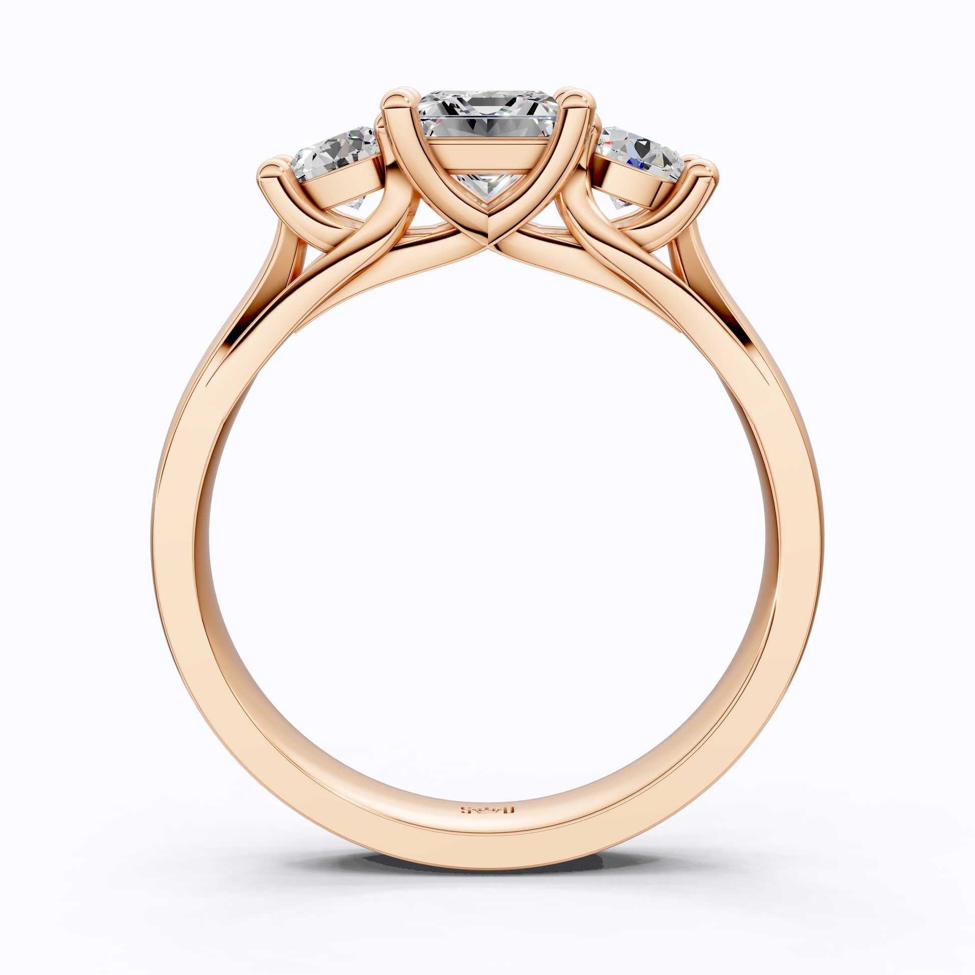 Princess and Round Trio Stone Engagement Ring in 18K Solid Gold, Handmade Jewelry Gift for Wife, Wedding Gift