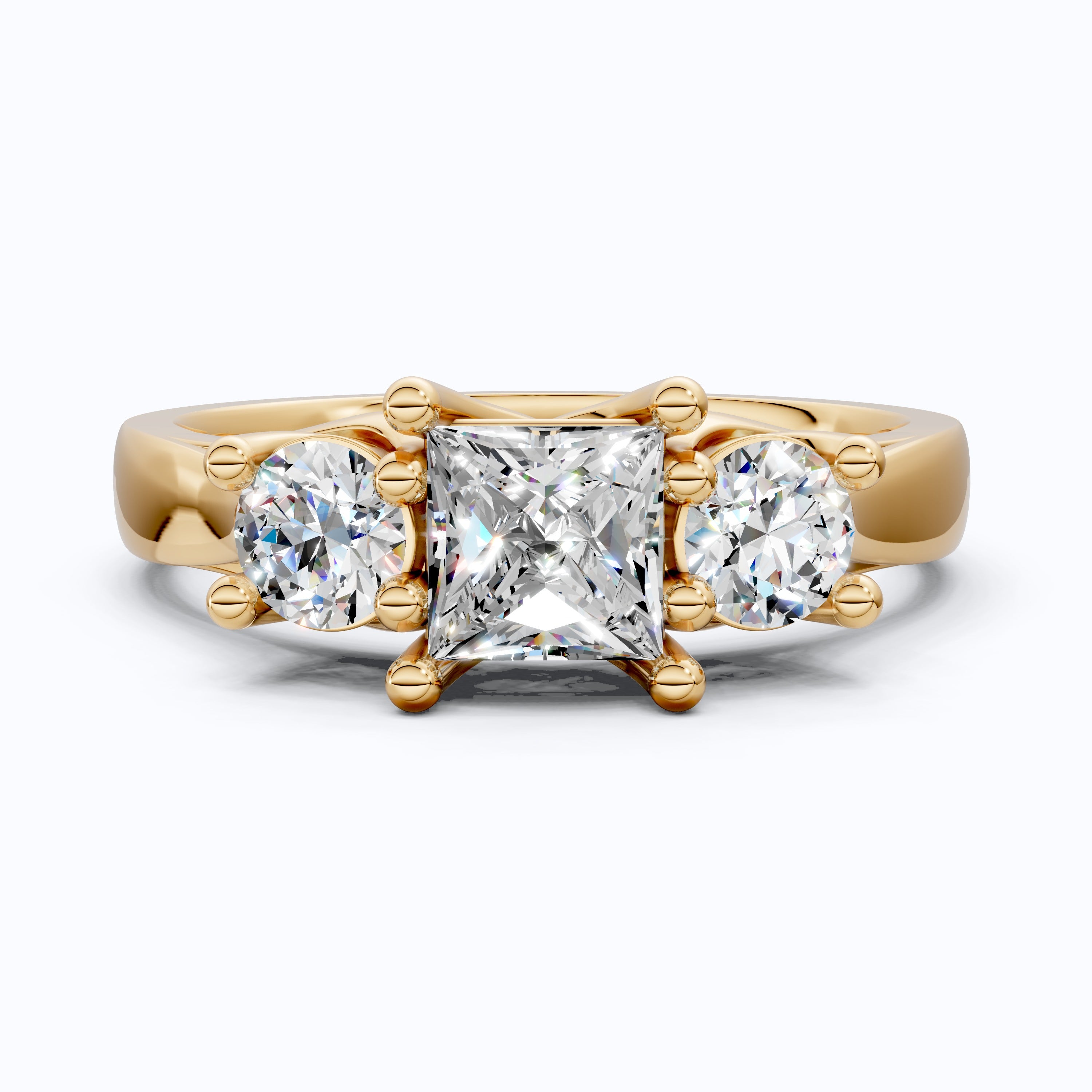 Princess and Round Trio Stone Engagement Ring in 18K Solid Gold, Handmade Jewelry Gift for Wife, Wedding Gift