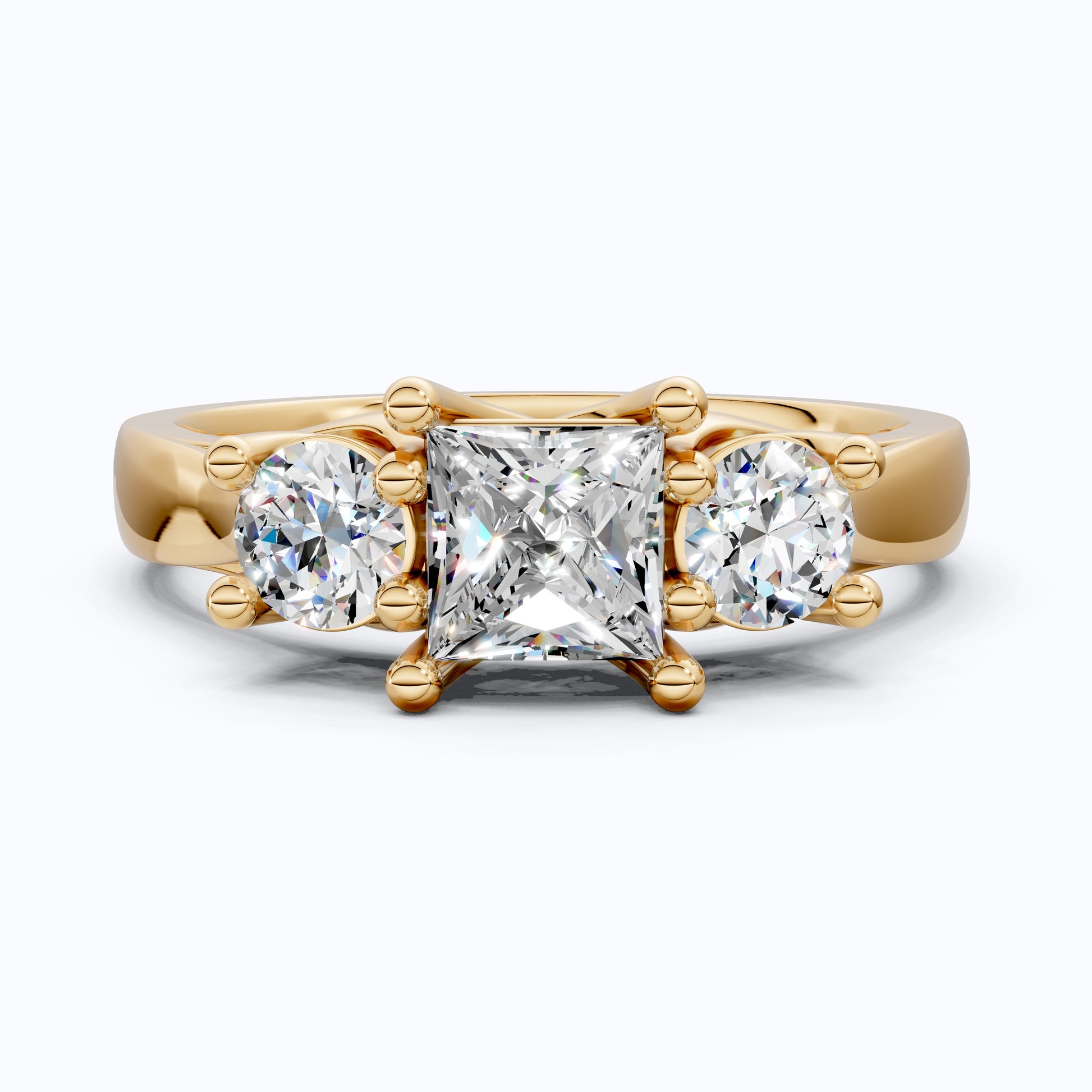 Princess and Round Trio Stone Engagement Ring in 18K Solid Gold, Handmade Jewelry Gift for Wife, Wedding Gift