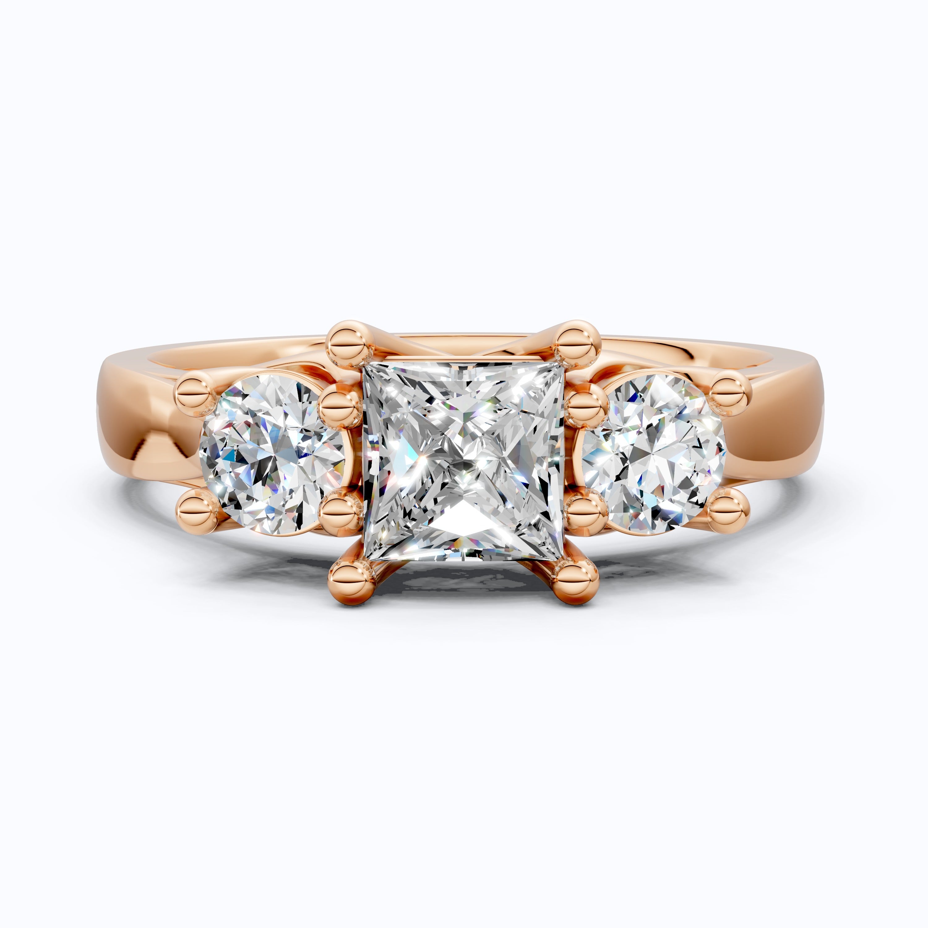 Princess and Round Trio Stone Engagement Ring in 18K Solid Gold, Handmade Jewelry Gift for Wife, Wedding Gift