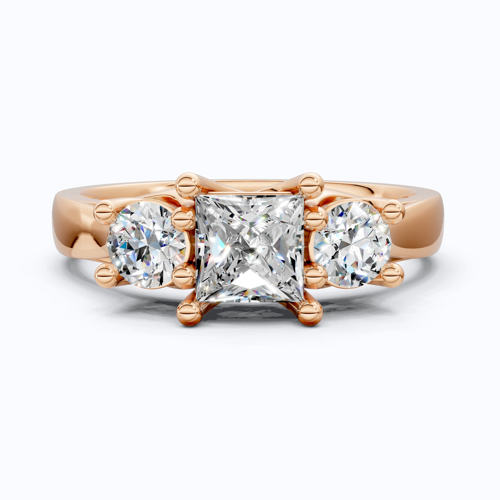 Princess and Round Trio Stone Engagement Ring in 18K Solid Gold, Handmade Jewelry Gift for Wife, Wedding Gift