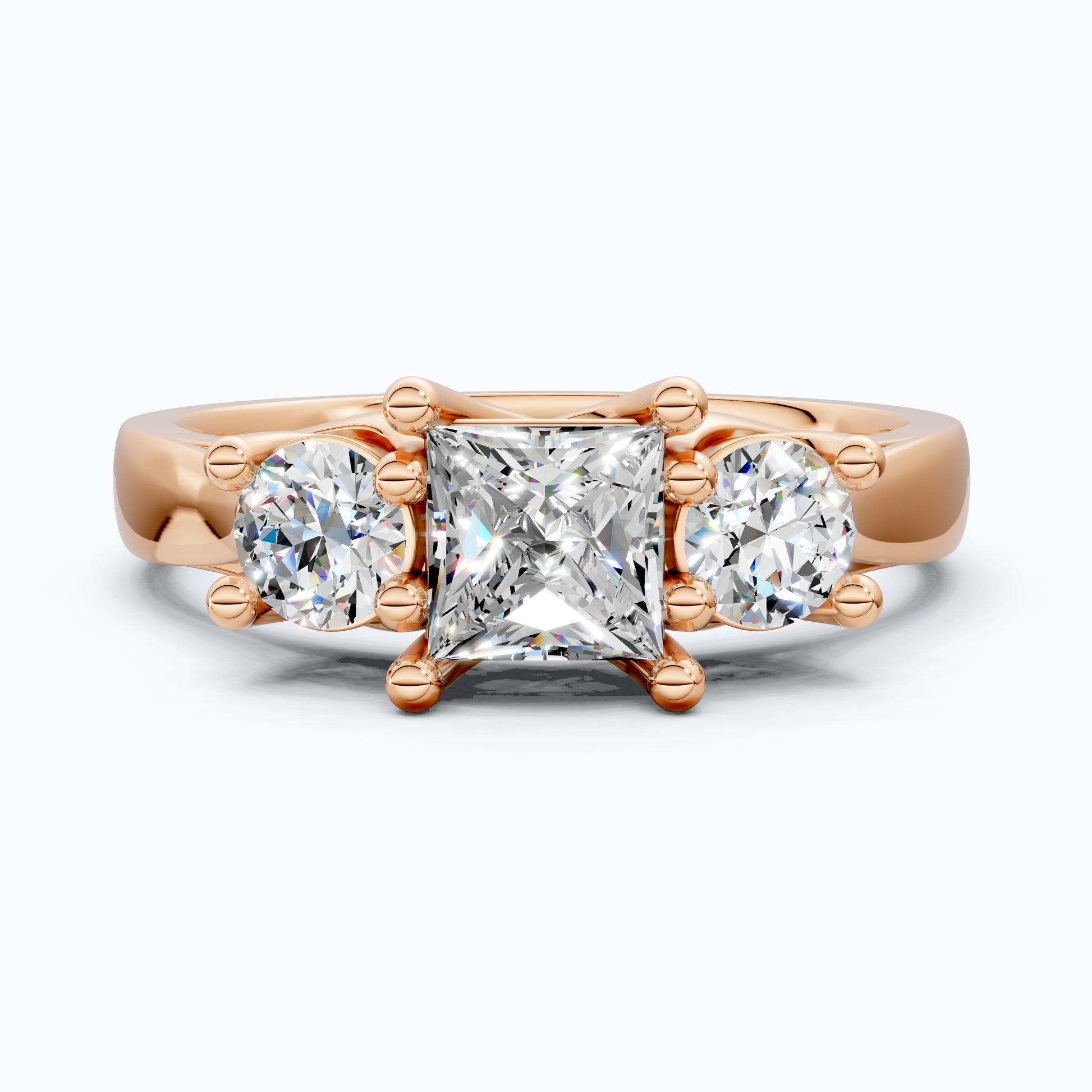 Princess and Round Trio Stone Engagement Ring in 18K Solid Gold, Handmade Jewelry Gift for Wife, Wedding Gift