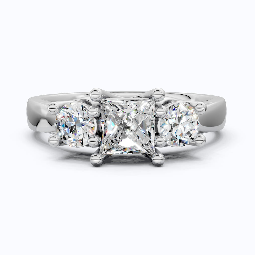 Princess and Round Trio Stone Engagement Ring in 18K Solid Gold, Handmade Jewelry Gift for Wife, Wedding Gift
