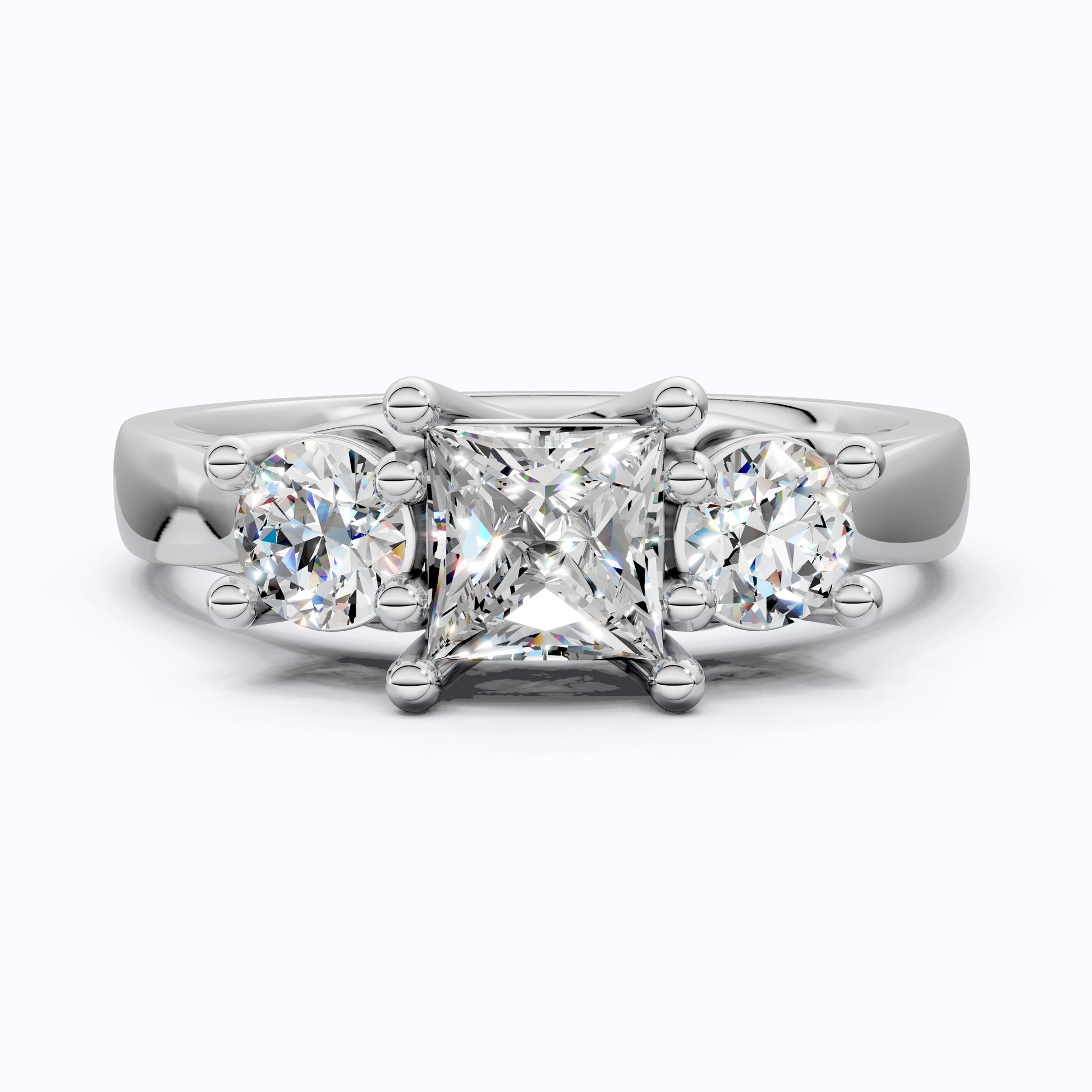 Princess and Round Trio Stone Engagement Ring in 18K Solid Gold, Handmade Jewelry Gift for Wife, Wedding Gift