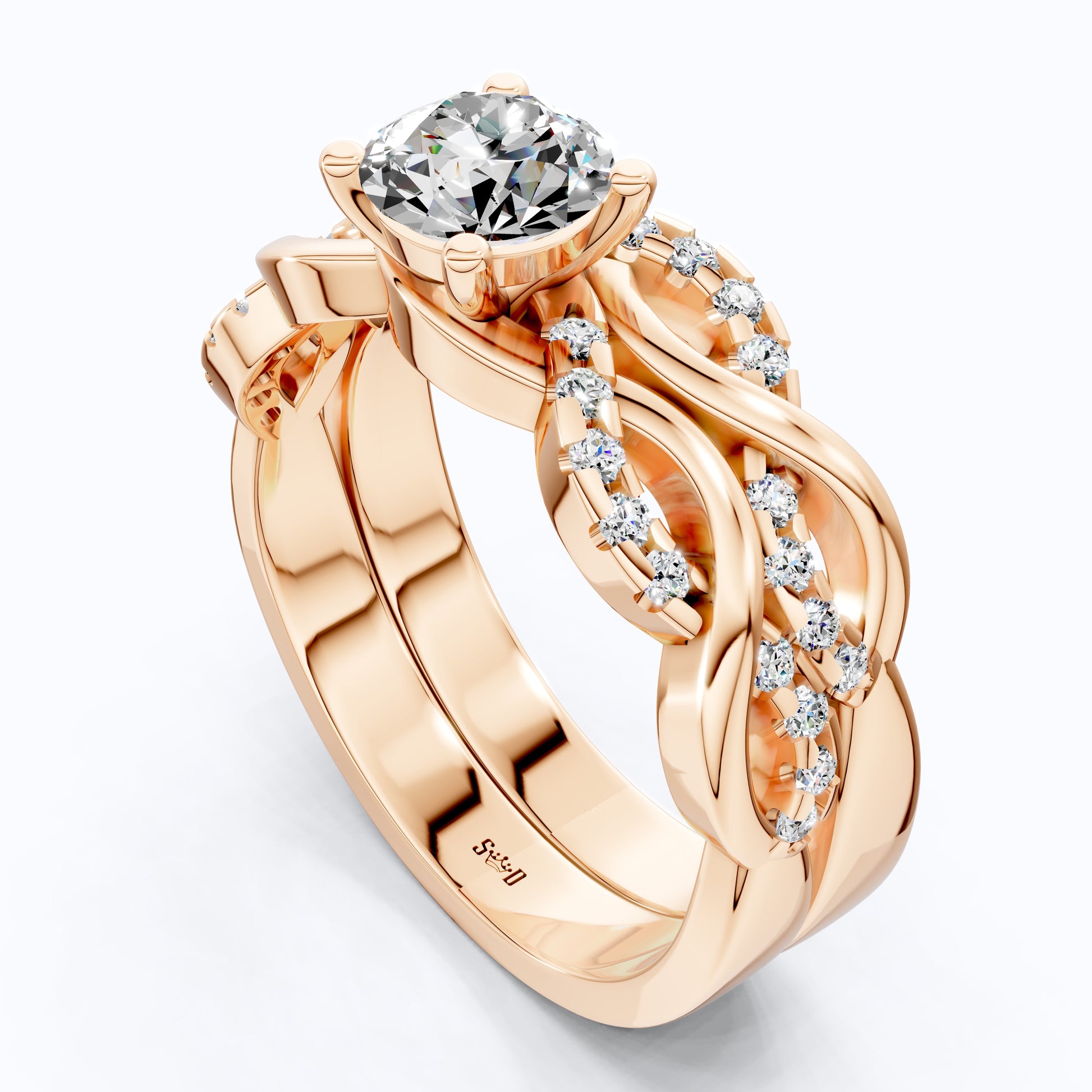 Round Cut Diamond Twisted Pave Engagement Ring Set in 14K Solid Gold, Crossover Wedding Ring Set, Ring for Women, Anniversary Gift for Wife