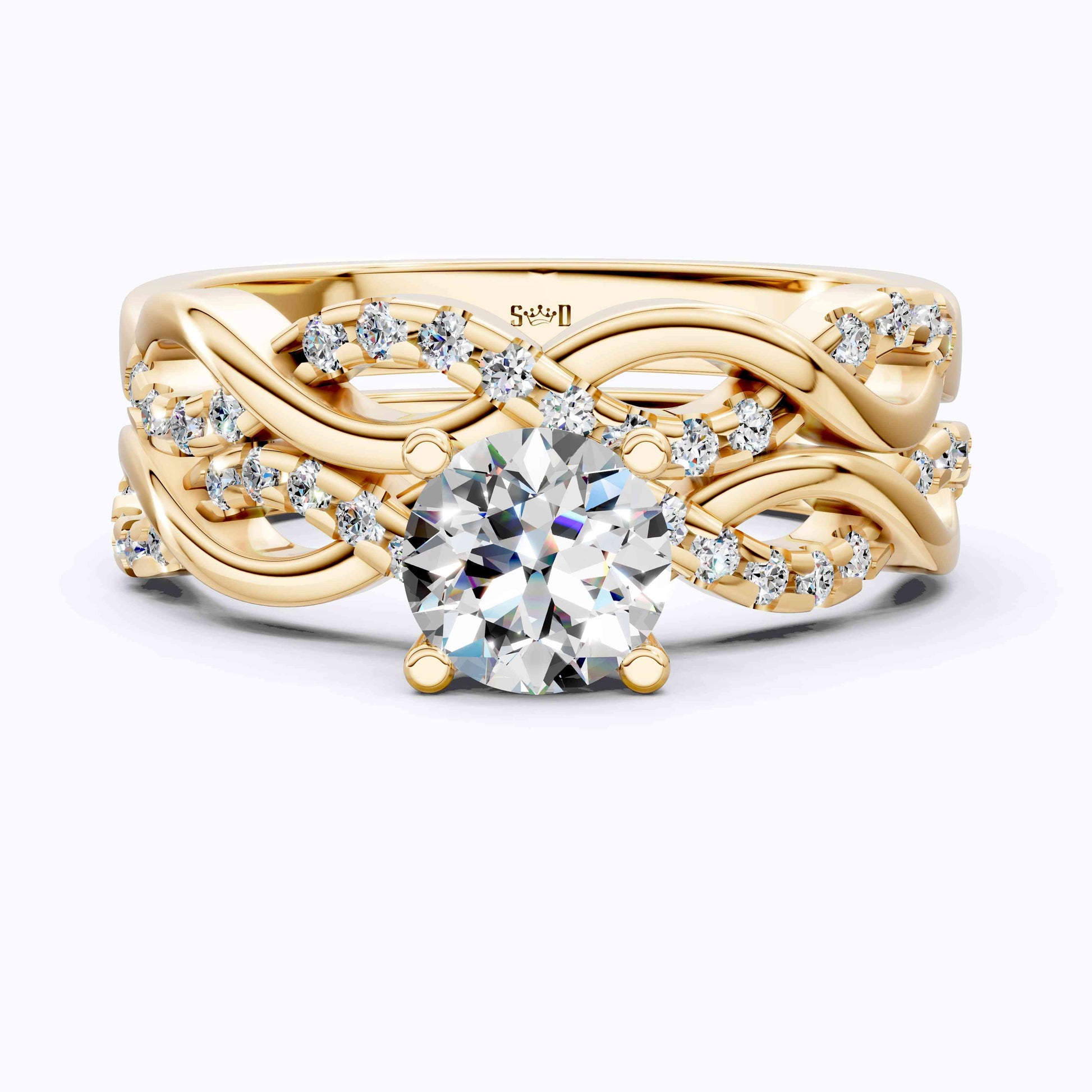 Round Cut Diamond Twisted Pave Engagement Ring Set in 14K Solid Gold, Crossover Wedding Ring Set, Ring for Women, Anniversary Gift for Wife