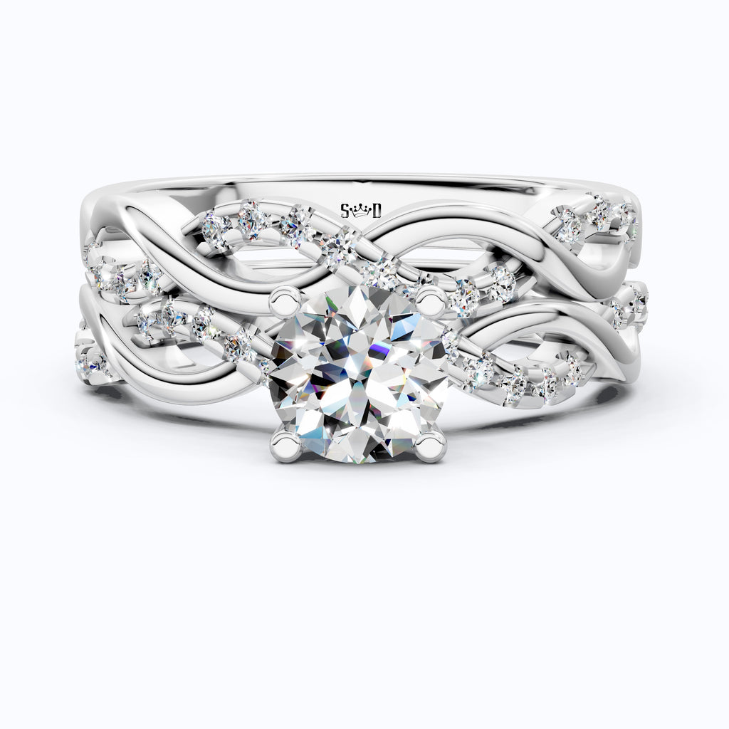 Round Cut Diamond Twisted Pave Engagement Ring Set in 14K Solid Gold, Crossover Wedding Ring Set, Ring for Women, Anniversary Gift for Wife