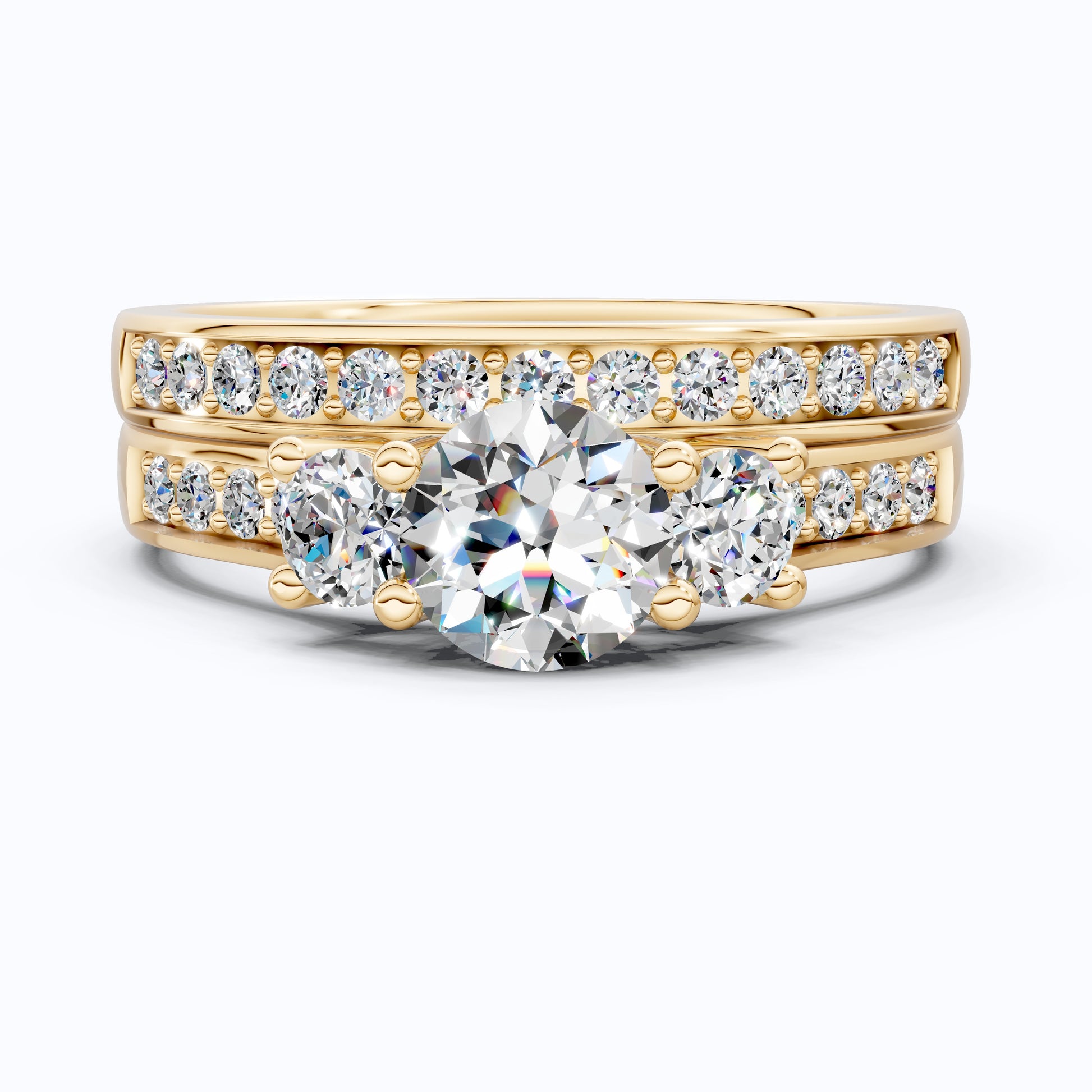 Classic Three Stone Pave Engagement Ring Set in 14K Solid Gold, 0.50 CT Round Cut Lab Created Diamond, Bridal Jewelry, Wedding Gift For Her