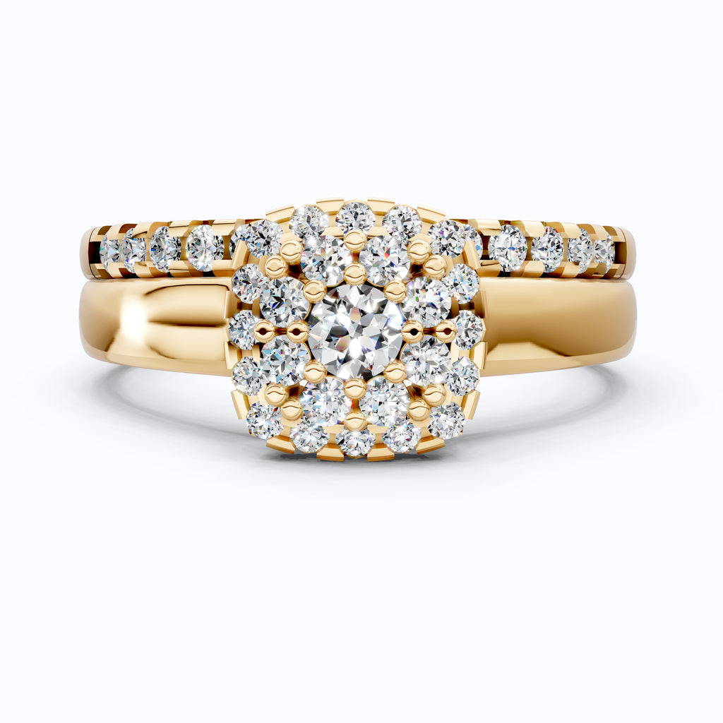 Classic Cushion Shaped Halo Cluster Engagement Ring Set with Matching Band in 14K Solid Gold, 0.53 TCW Round Cut Lab Created Diamonds, Bridal Set