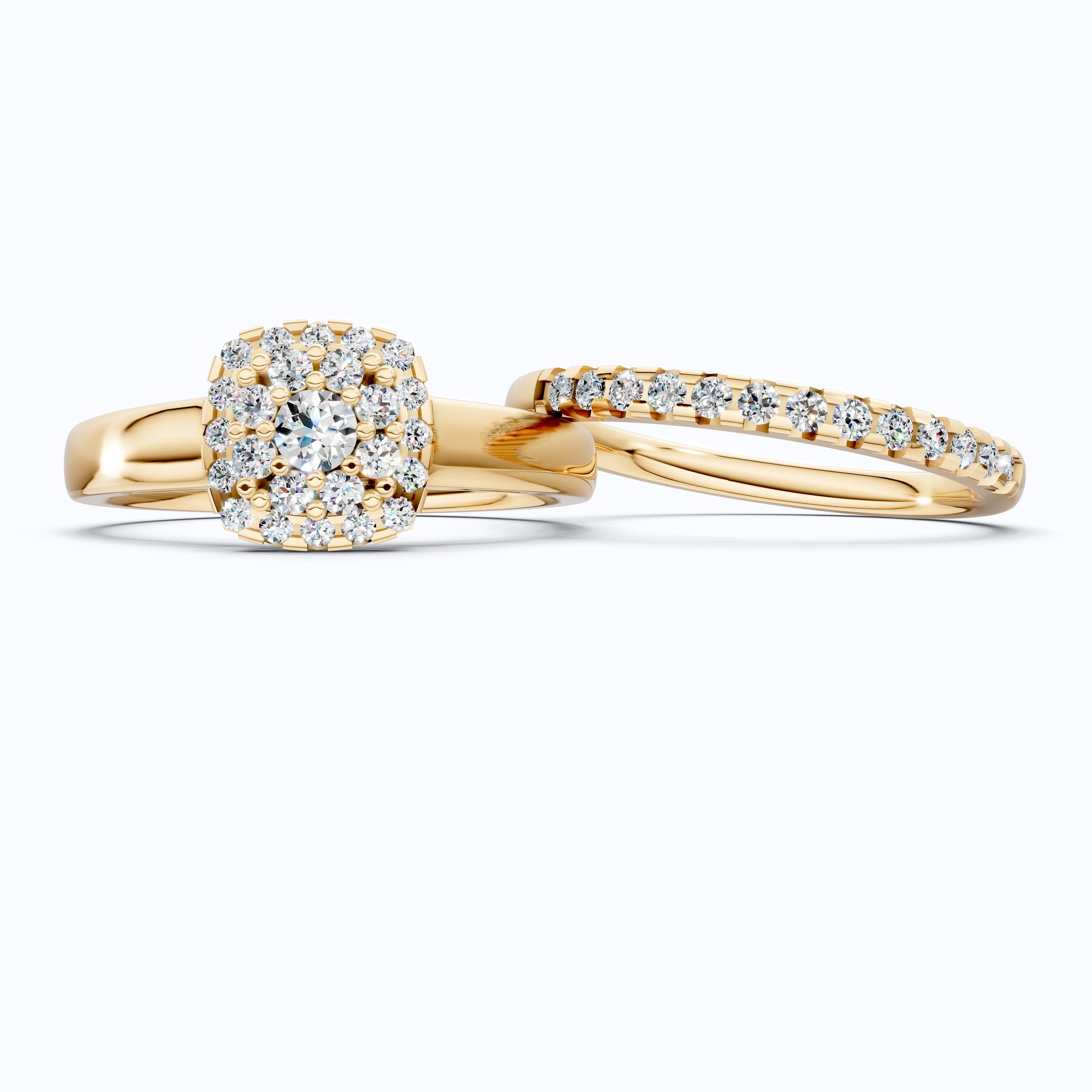 Classic Cushion Shaped Halo Cluster Engagement Ring Set with Matching Band in 14K Solid Gold, 0.53 TCW Round Cut Lab Created Diamonds, Bridal Set