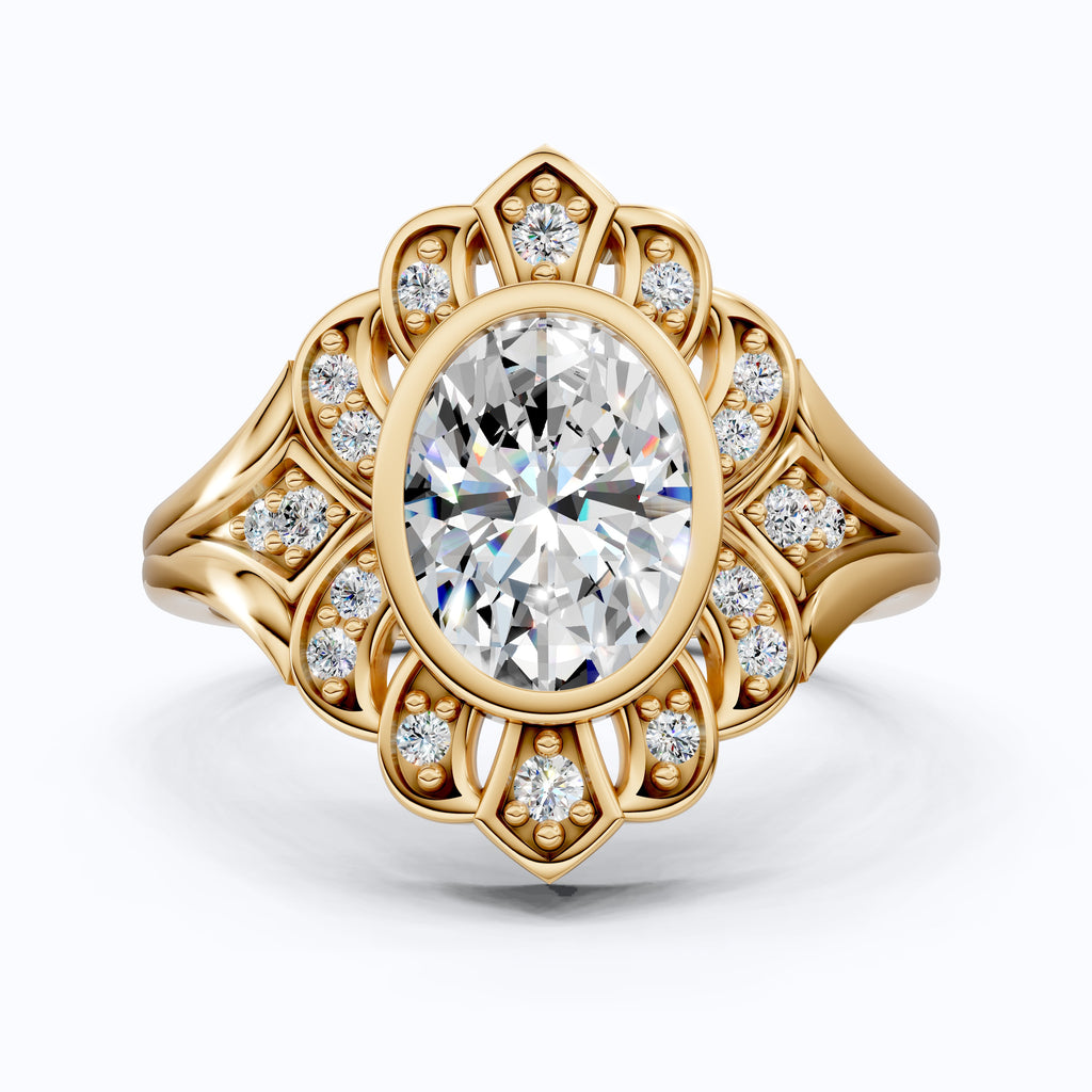 Vintage Floral Halo Wedding Ring in Lab Grown Diamond – Solid 9k/14k Gold or Sterling Silver Engagement Ring Bridal Jewelry Gift for Wife, Handmade Jewelry