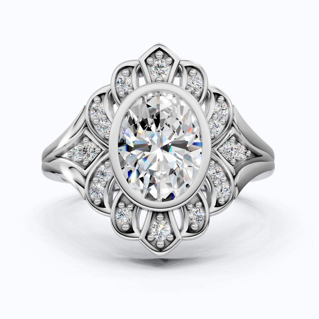 Vintage Floral Halo Wedding Ring in Lab Grown Diamond – Solid 9k/14k Gold or Sterling Silver Engagement Ring Bridal Jewelry Gift for Wife, Handmade Jewelry