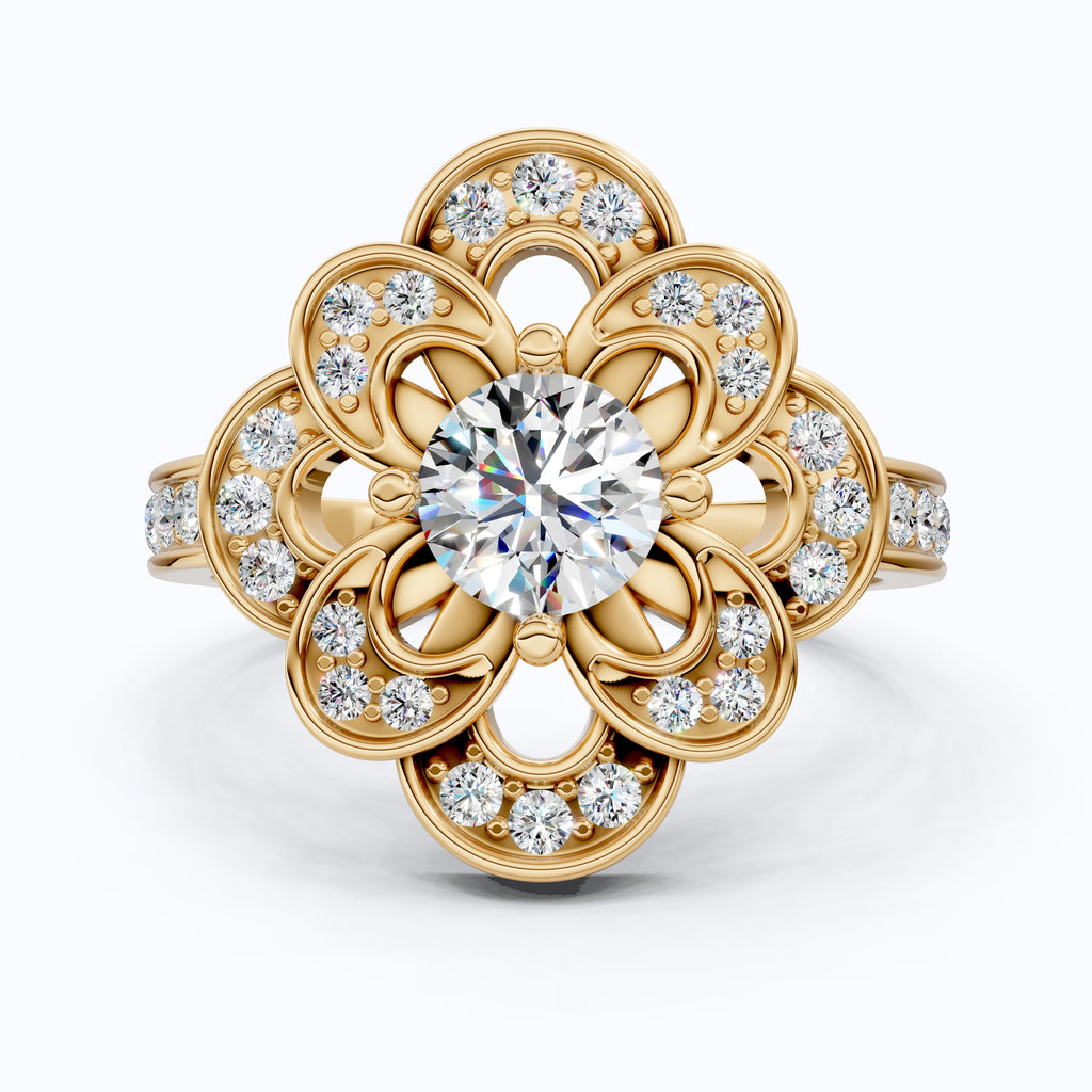 Floral Romantic Bloom Halo Unique Engagement Ring in Solid 14k Gold, Bridal Gift for Wife, Elegant Cluster Anniversary Ring