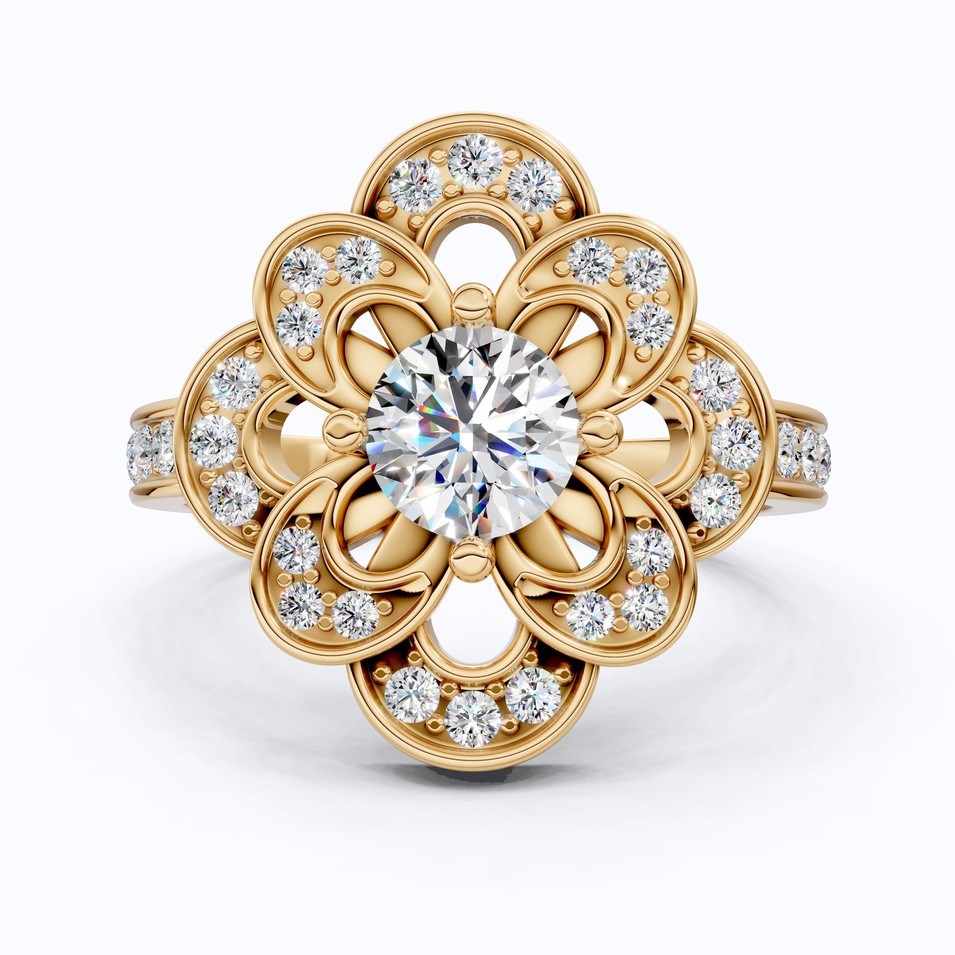 Floral Romantic Bloom Halo Unique Engagement Ring in Solid 14k Gold, Bridal Gift for Wife, Elegant Cluster Anniversary Ring