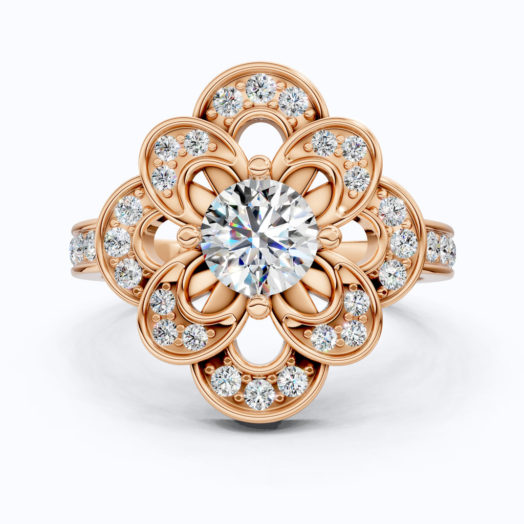 Floral Romantic Bloom Halo Unique Engagement Ring in Solid 14k Gold, Bridal Gift for Wife, Elegant Cluster Anniversary Ring