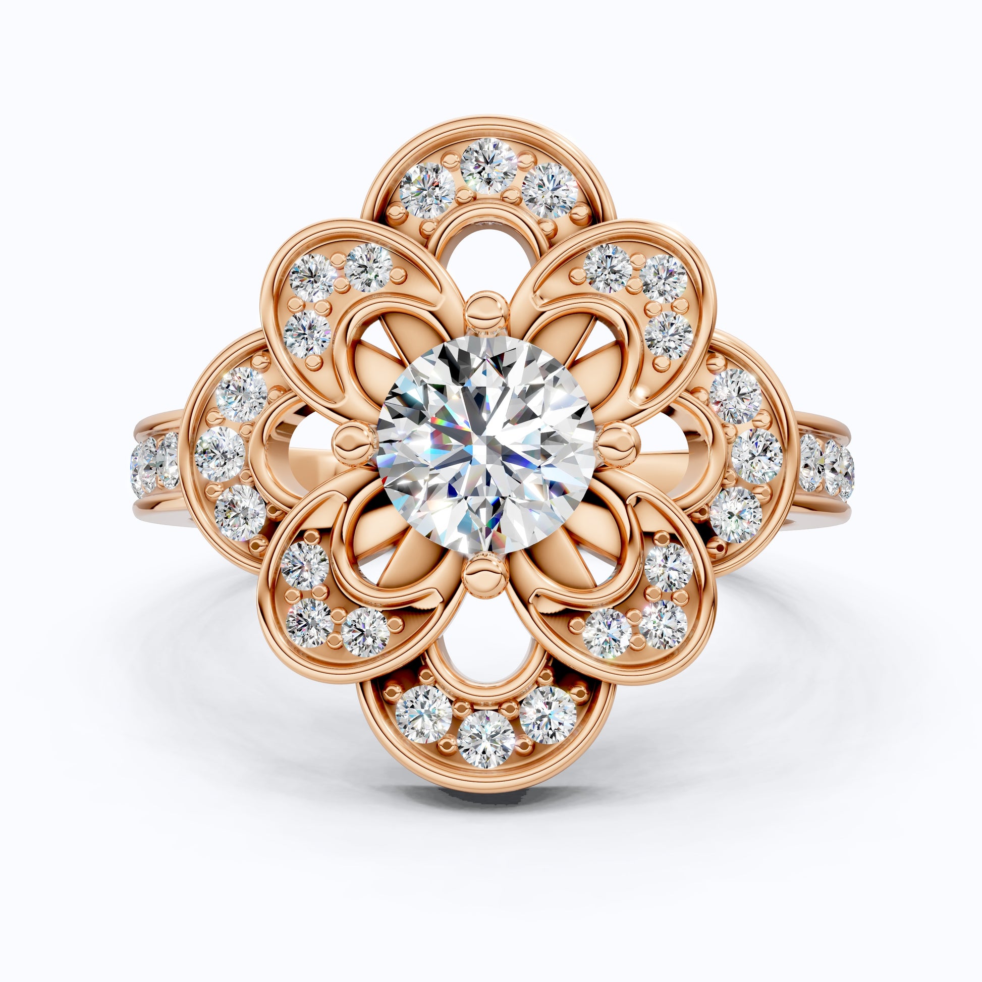 Floral Romantic Bloom Halo Unique Engagement Ring in Solid 14k Gold, Bridal Gift for Wife, Elegant Cluster Anniversary Ring