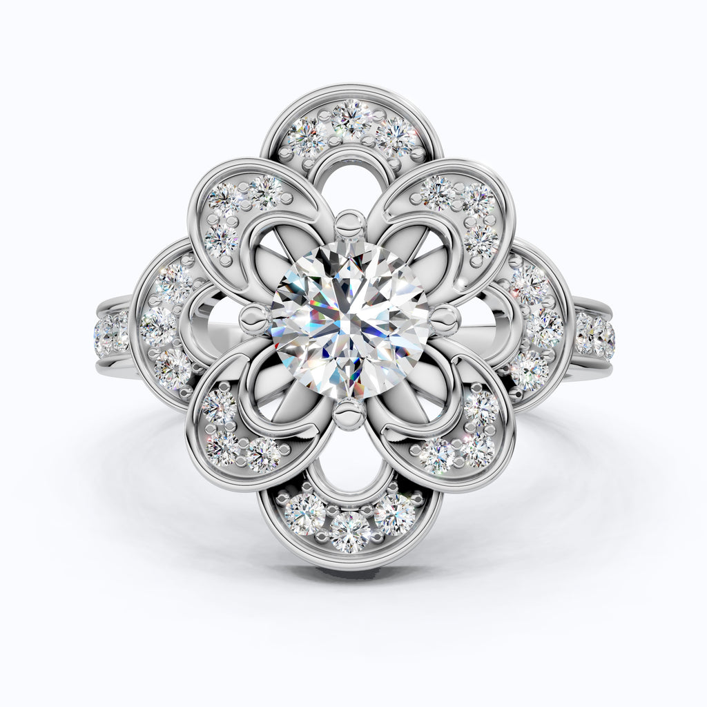 Floral Romantic Bloom Halo Unique Engagement Ring in Solid 14k Gold, Bridal Gift for Wife, Elegant Cluster Anniversary Ring