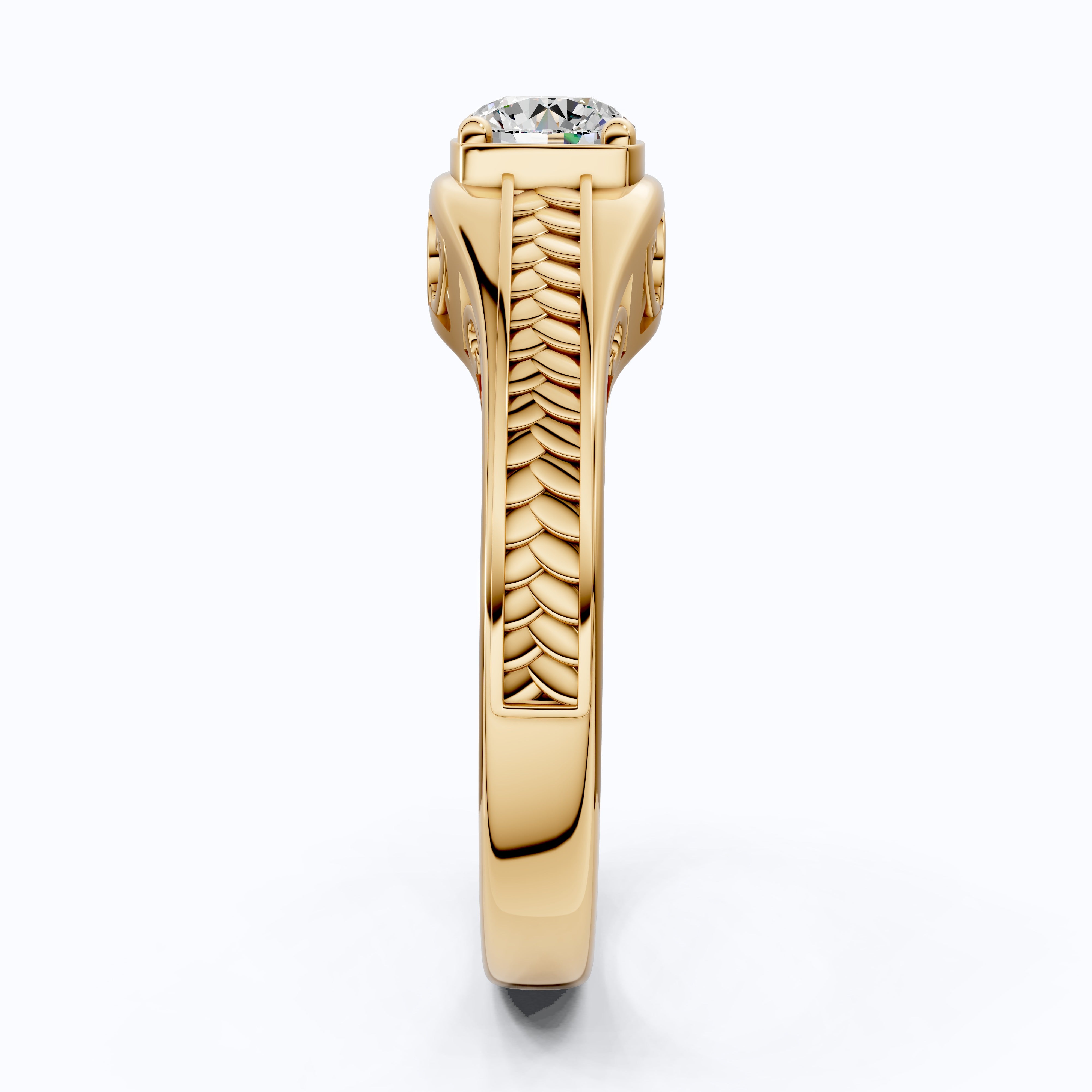 Vintage Scroll Solitaire Ring with Leaf Band – Moissanite or Lab Diamond in Solid 10k/14k Gold or Silver Engagement Ring Bridal Jewelry
