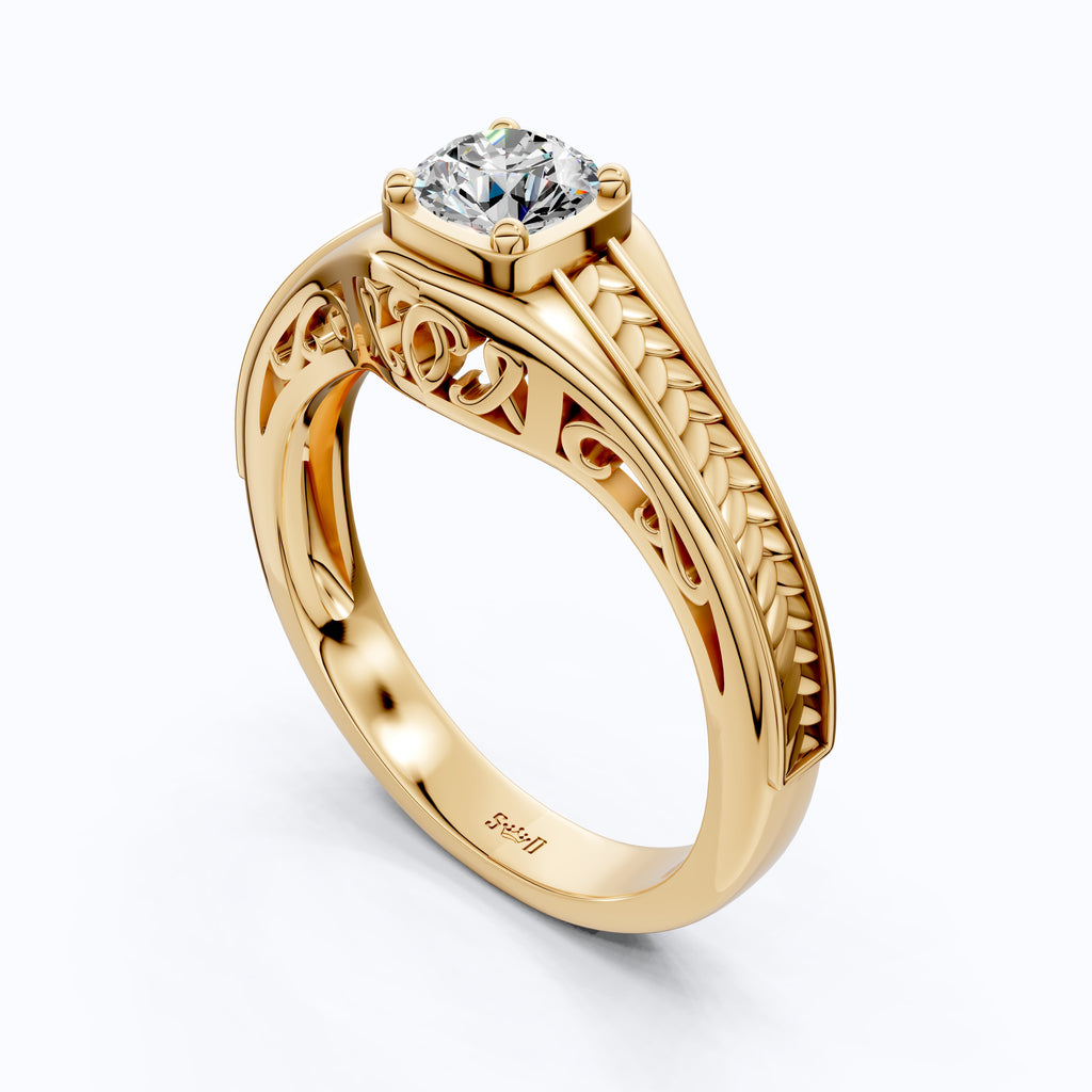 Vintage Scroll Solitaire Ring with Leaf Band – Moissanite or Lab Diamond in Solid 10k/14k Gold or Silver Engagement Ring Bridal Jewelry