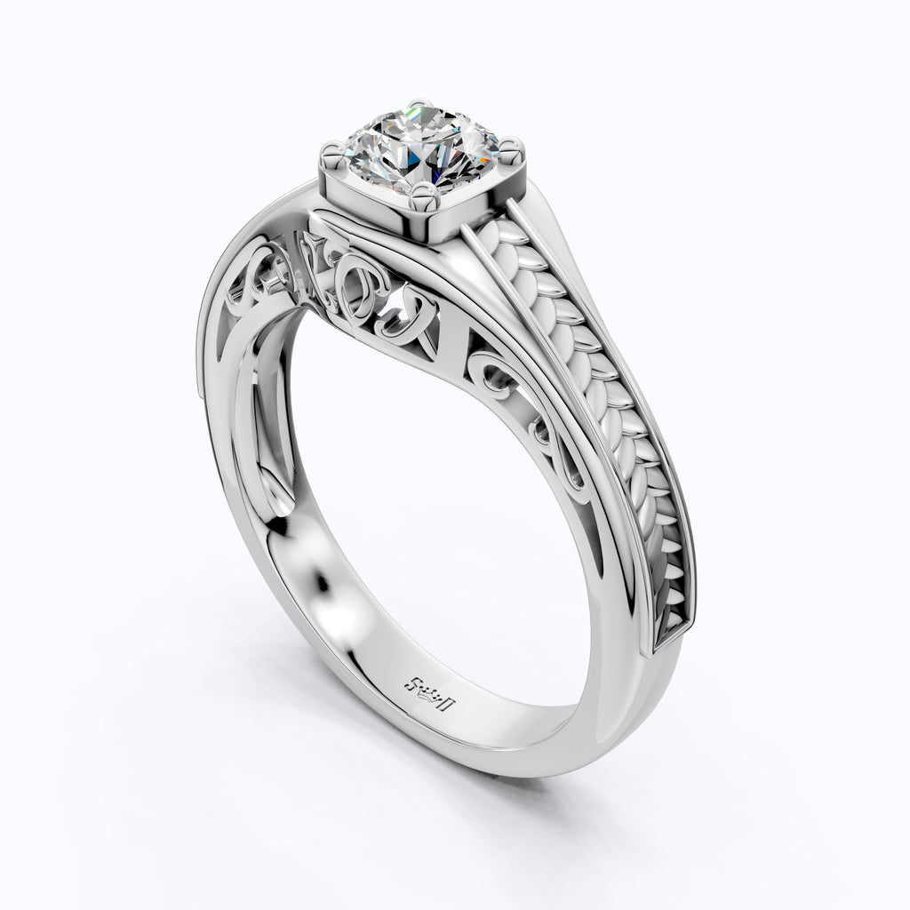 Vintage Scroll Solitaire Ring with Leaf Band – Moissanite or Lab Diamond in Solid 10k/14k Gold or Silver Engagement Ring Bridal Jewelry