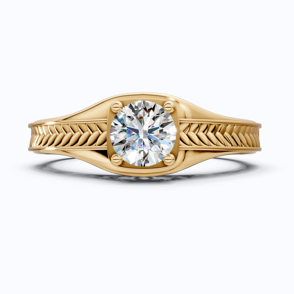 Vintage Scroll Solitaire Ring with Leaf Band – Moissanite or Lab Diamond in Solid 10k/14k Gold or Silver Engagement Ring Bridal Jewelry
