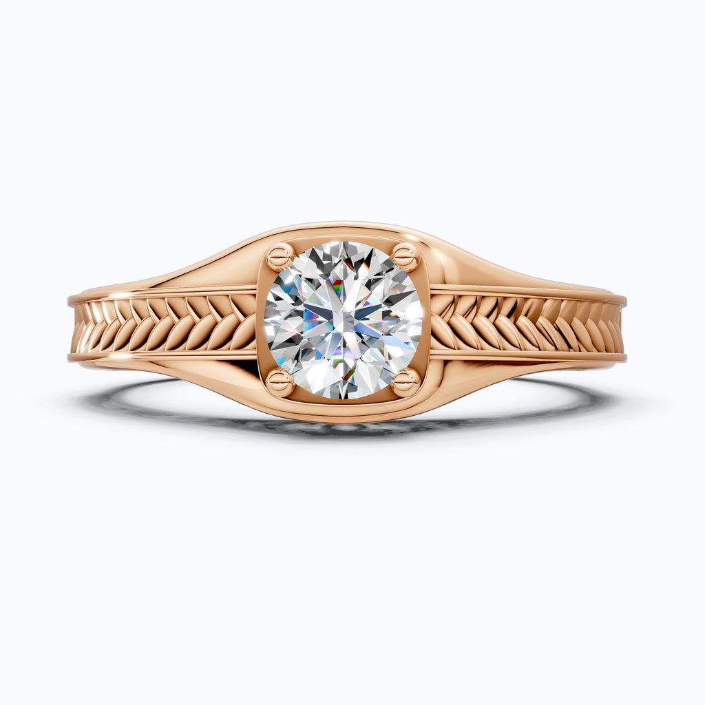 Vintage Scroll Solitaire Ring with Leaf Band – Moissanite or Lab Diamond in Solid 10k/14k Gold or Silver Engagement Ring Bridal Jewelry