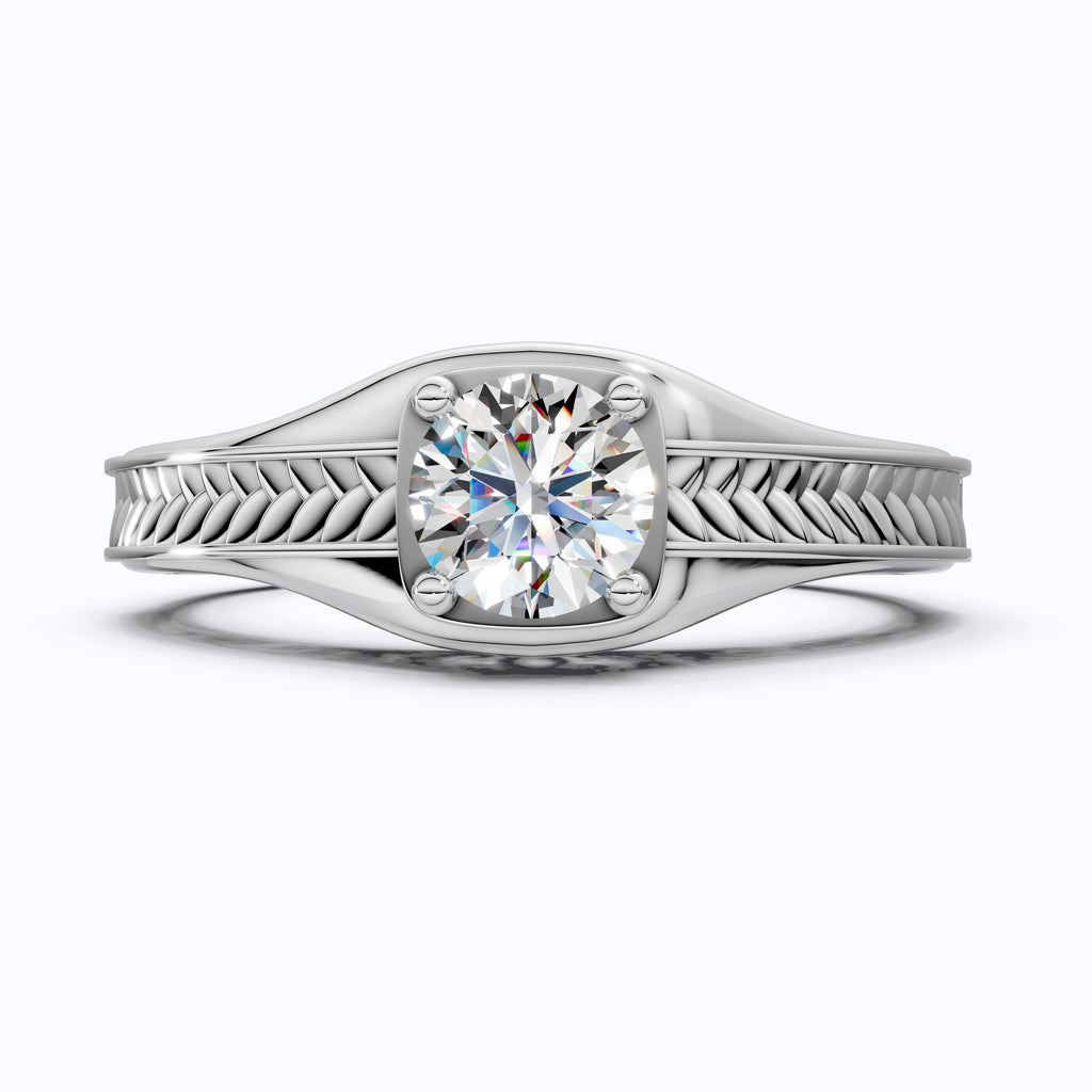 Vintage Scroll Solitaire Ring with Leaf Band Engagement Ring in 14k Solid Gold, 0.50 CT Round Cut Lab Grown Diamond, Handmade Bridal Jewelry