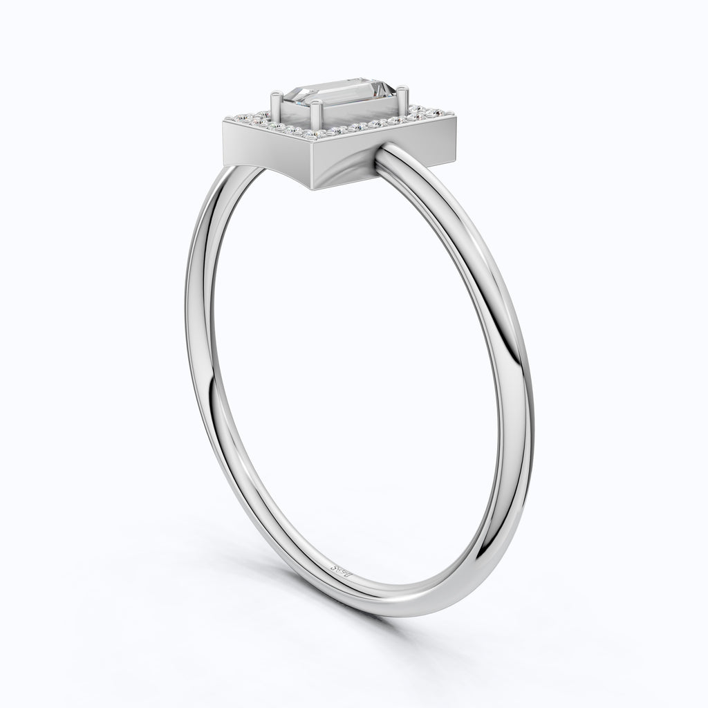 14K Rose Gold Halo Ring, Baguette Cut Lab Grown Diamond, 0.19 TWC Minimalist Engagement Ring, Promise Ring, Gift for Her