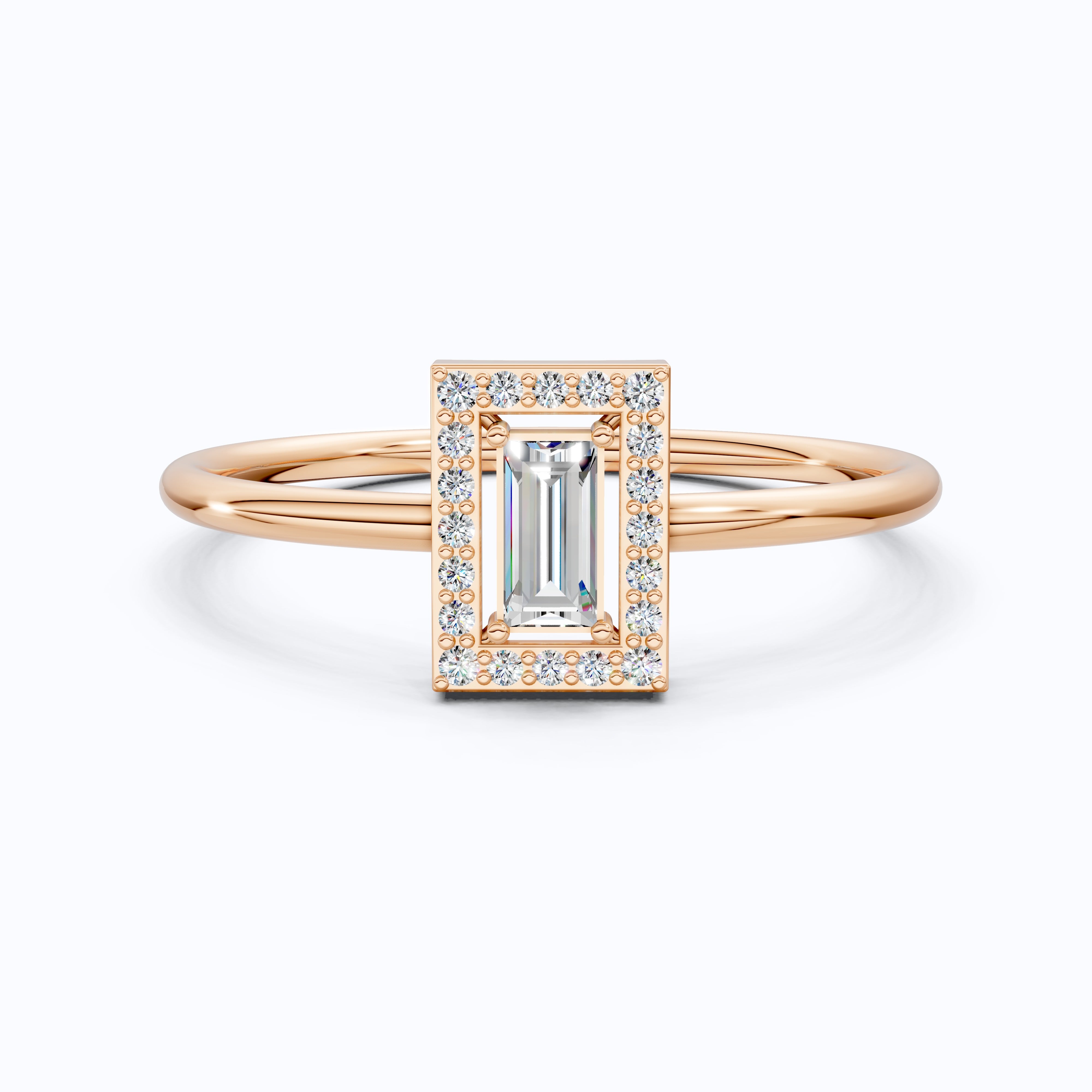 14K Rose Gold Halo Ring, Baguette Cut Lab Grown Diamond, 0.19 TWC Minimalist Engagement Ring, Promise Ring, Gift for Her