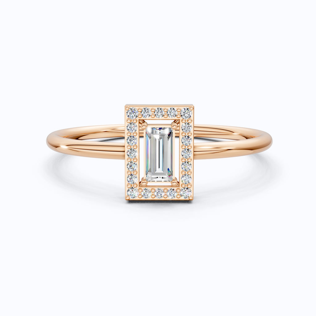14K Rose Gold Halo Ring, Baguette Cut Lab Grown Diamond, 0.19 TWC Minimalist Engagement Ring, Promise Ring, Gift for Her