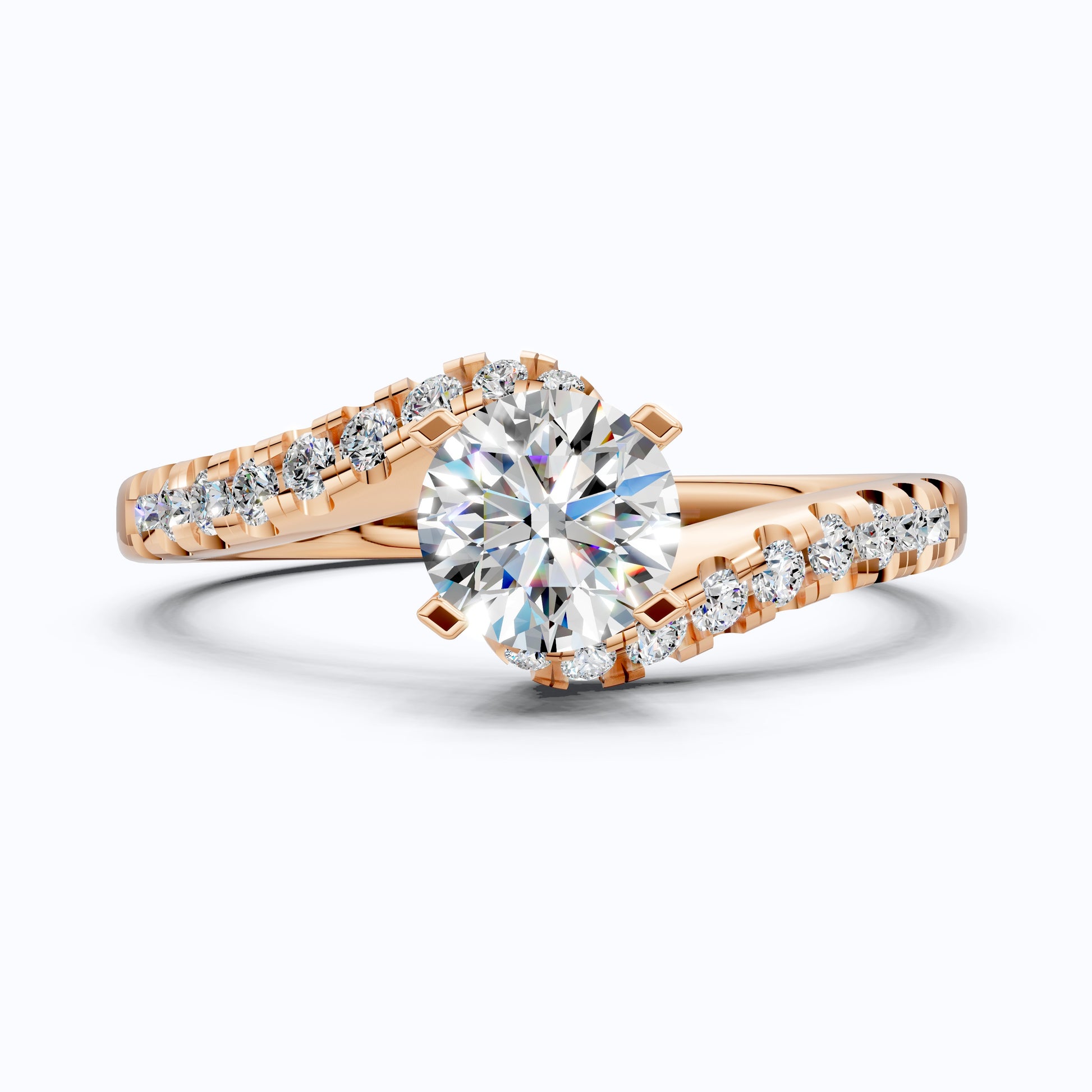 Round Cut Bypass Shank Engagement Ring in 14K Gold, 0.73 TCW Round Cut Lab Grown Diamonds, Handmade Jewelry