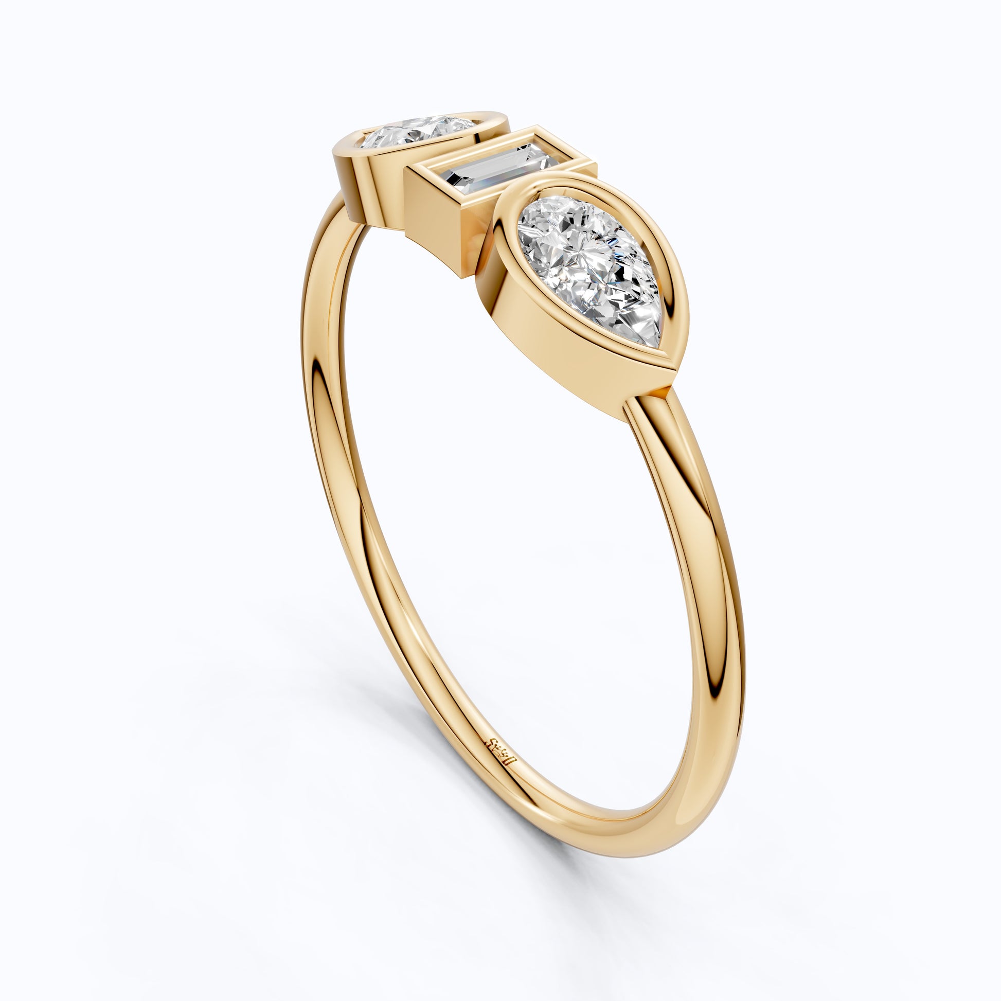 Unique Bezel Set Three Stone Engagement Ring in 14K Solid Gold, 0.36 TCW Pear/Baguette Cut Lab Created Diamonds, Birthday Gift for Her, Daily Wear Ring