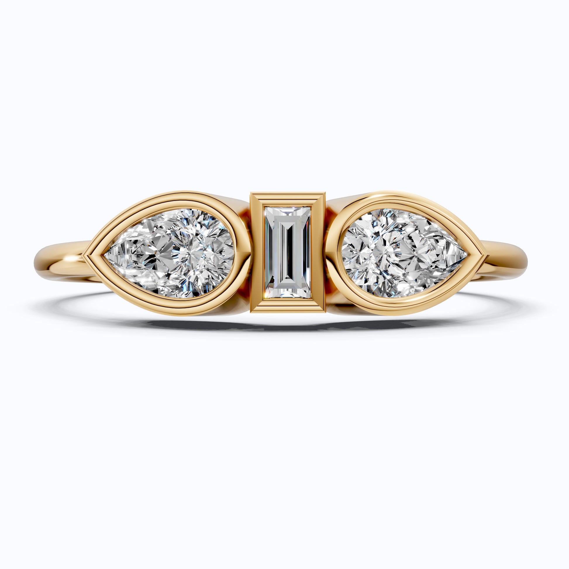 Unique Bezel Set Three Stone Engagement Ring in 14K Solid Gold, 0.36 TCW Pear/Baguette Cut Lab Created Diamonds, Birthday Gift for Her, Daily Wear Ring