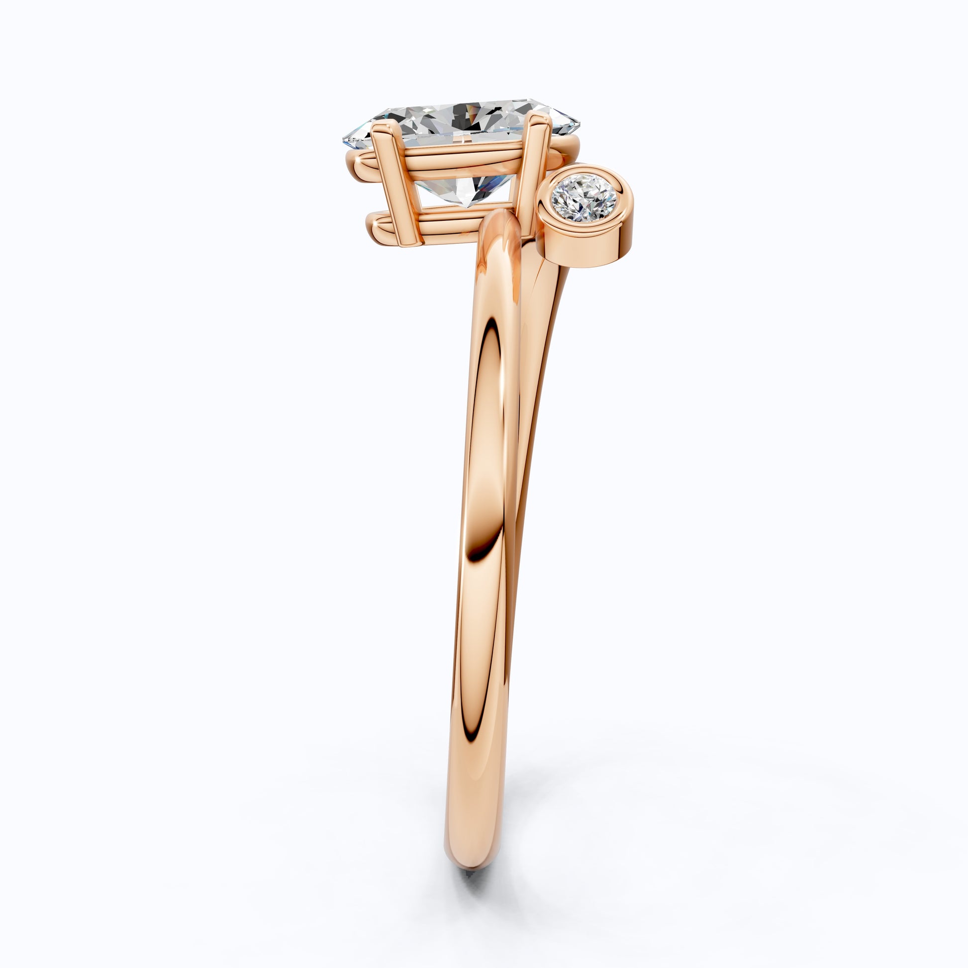 Open Cuff Oval Solitaire Ring with Round Accent in 14k Rose Gold, Anniversary Gift for Wife, Sleek Open End Solitaire Engagement Ring
