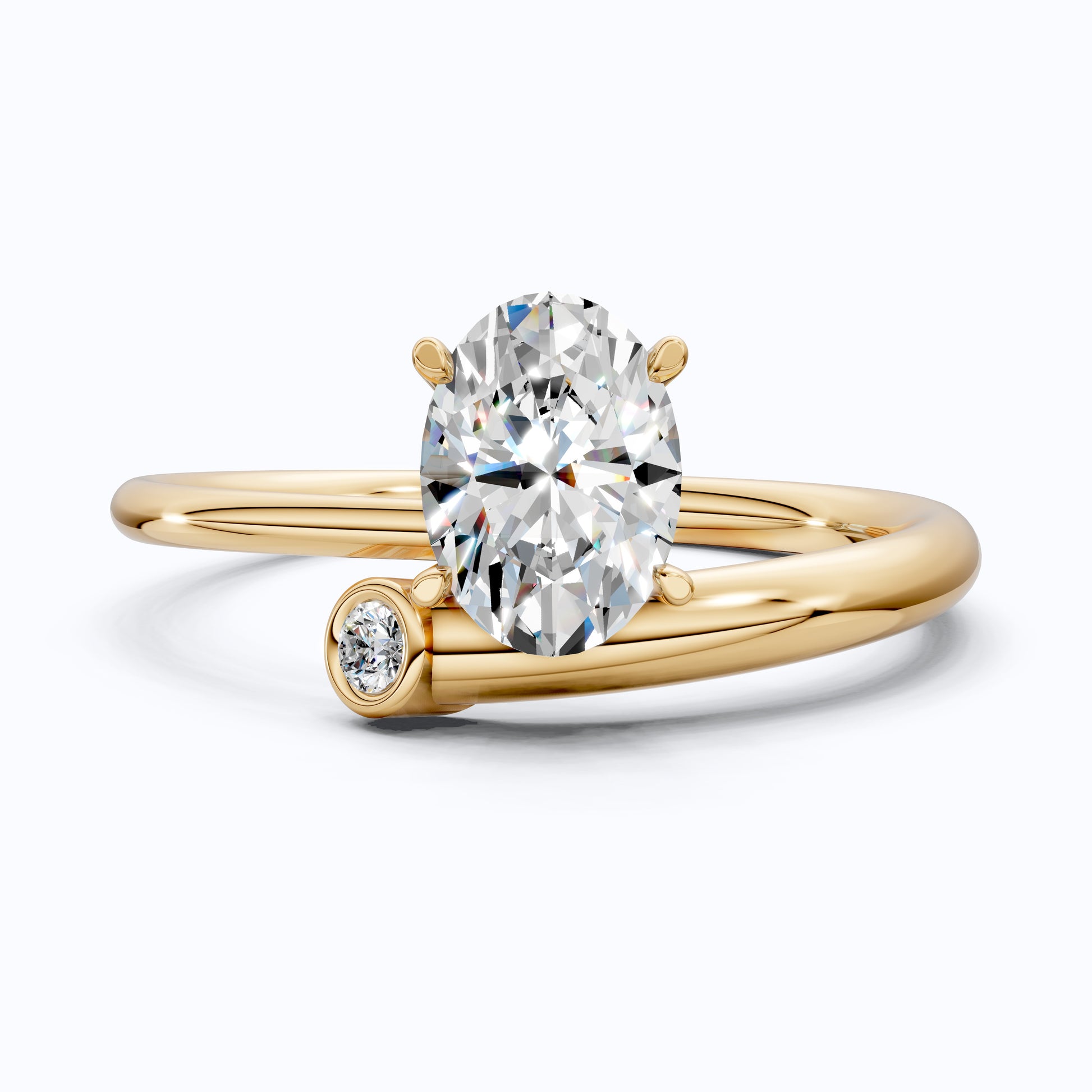 Open Cuff Oval Solitaire Ring with Round Accent in 14k Rose Gold, Anniversary Gift for Wife, Sleek Open End Solitaire Engagement Ring