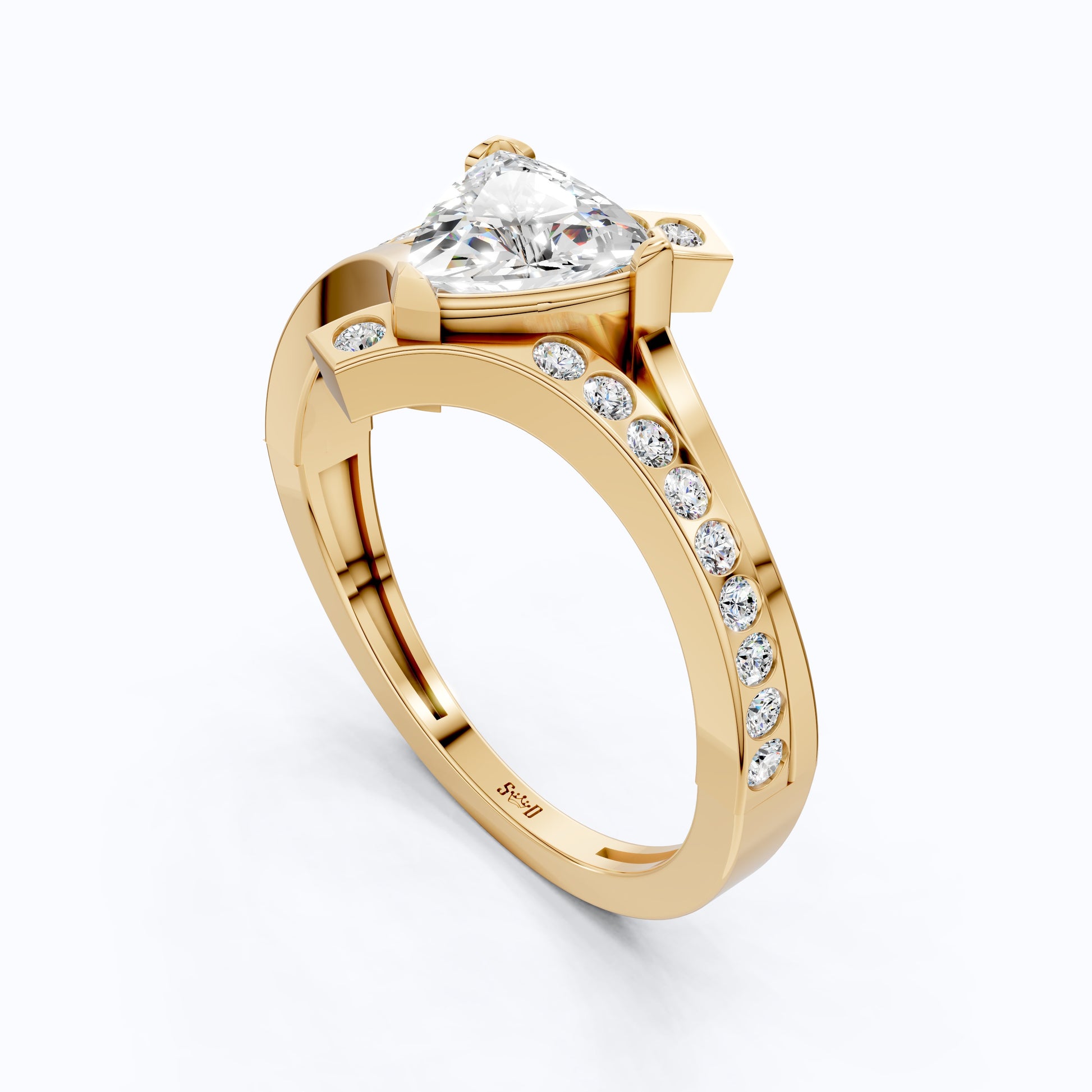 Trillion Cut Modern Sprit Shank Pave Engagement Ring in 14k Yellow Gold, Birthday Gift for Wife, Handmade Fine Jewelry