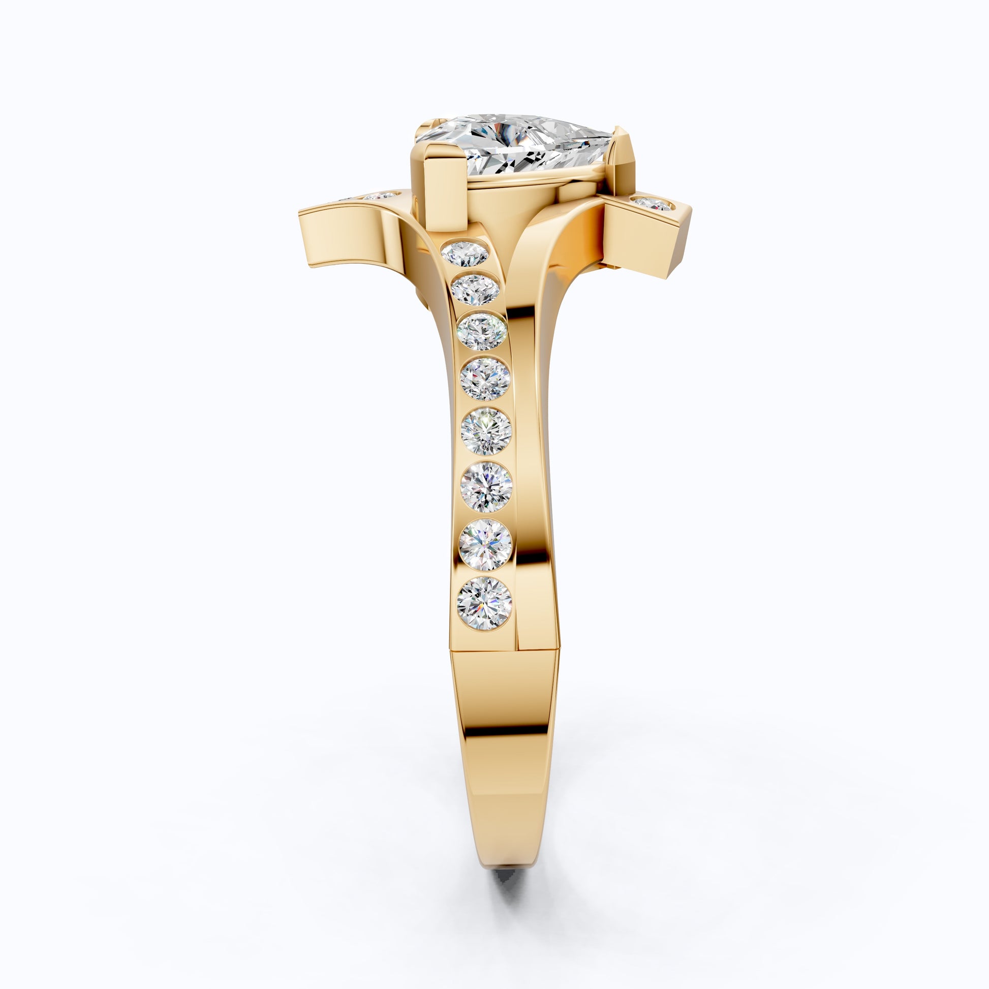 Trillion Cut Modern Sprit Shank Pave Engagement Ring in 14k Yellow Gold, Birthday Gift for Wife, Handmade Fine Jewelry