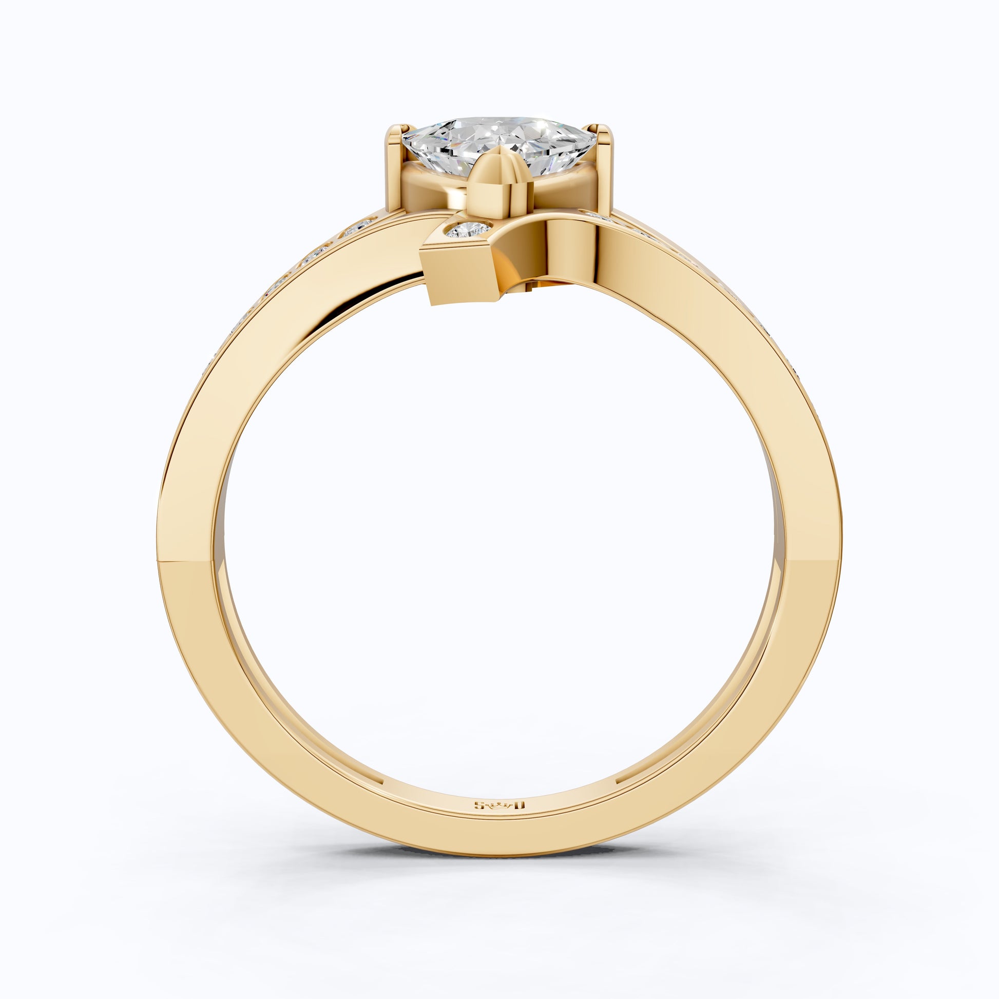 Trillion Cut Modern Sprit Shank Pave Engagement Ring in 14k Yellow Gold, Birthday Gift for Wife, Handmade Fine Jewelry