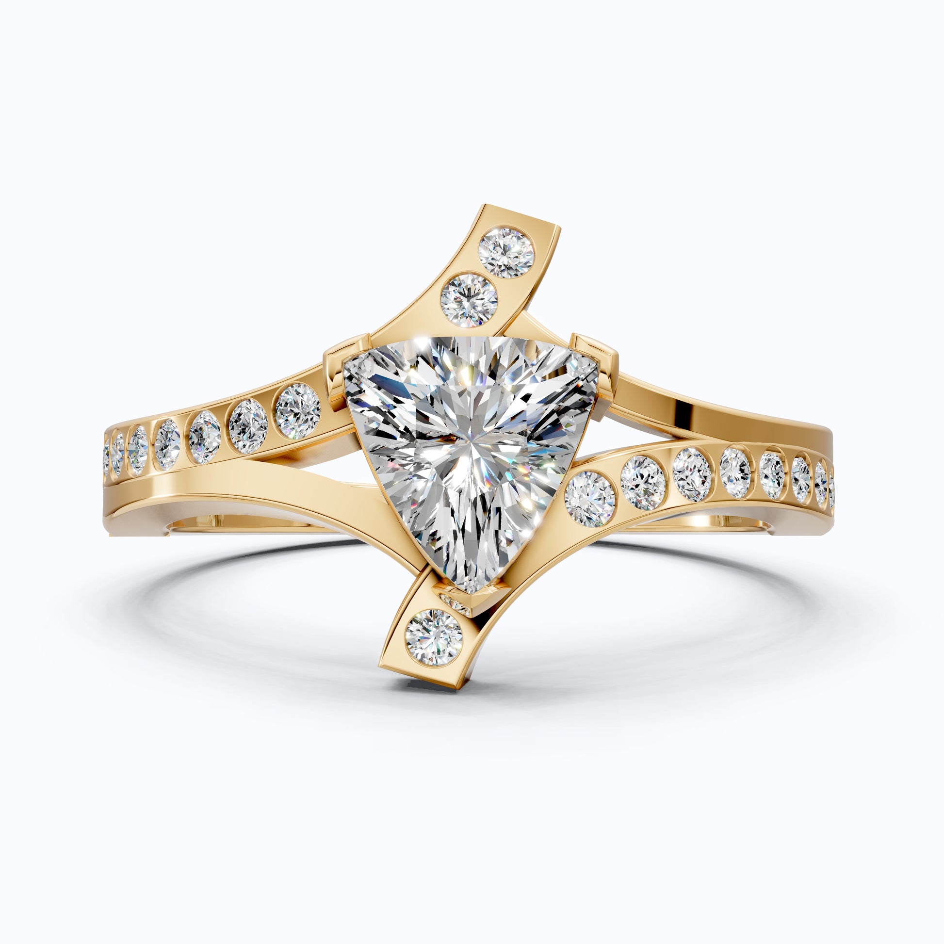 Trillion Cut Modern Sprit Shank Pave Engagement Ring in 14k Yellow Gold, Birthday Gift for Wife, Handmade Fine Jewelry