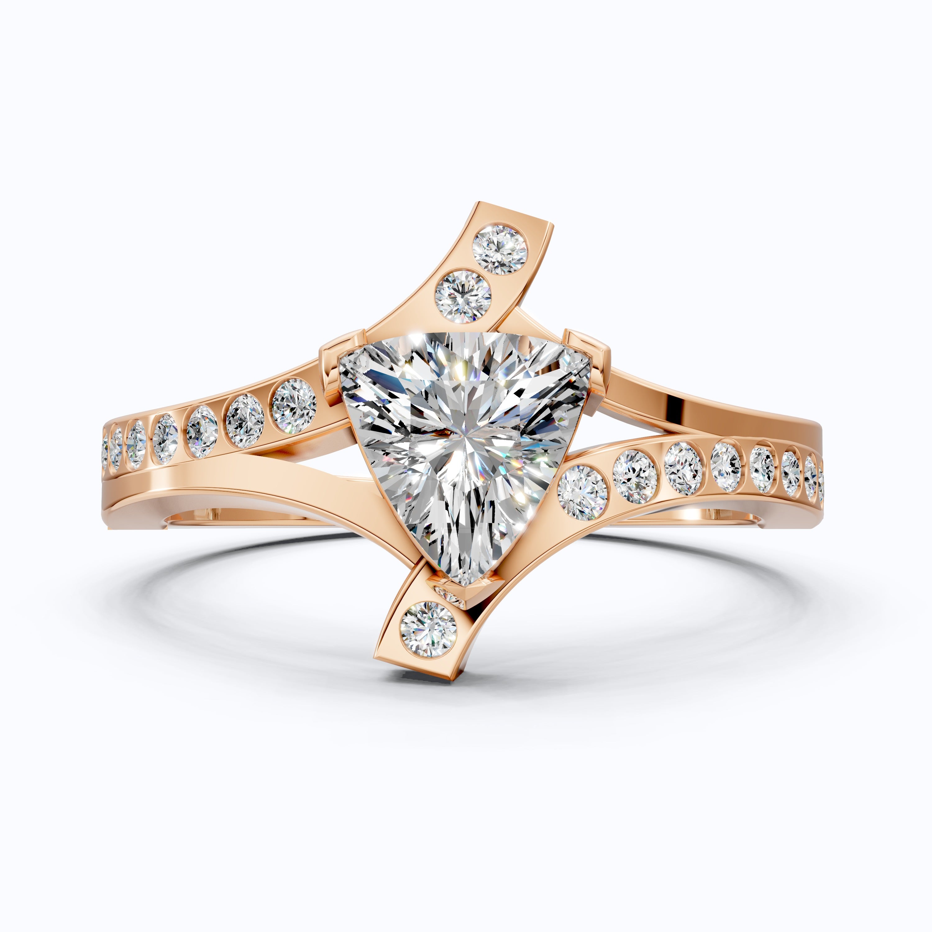 Trillion Cut Modern Sprit Shank Pave Engagement Ring in 14k Yellow Gold, Birthday Gift for Wife, Handmade Fine Jewelry