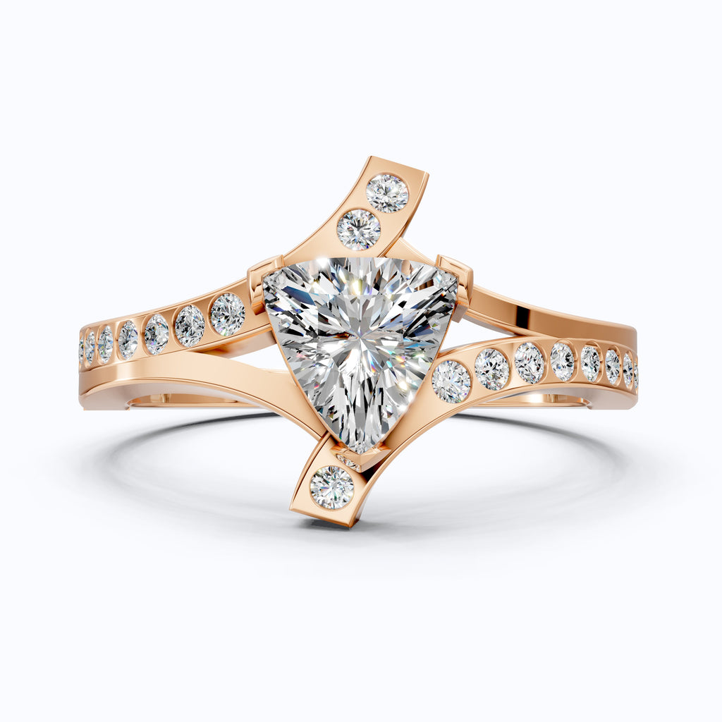 Trillion Cut Modern Sprit Shank Pave Engagement Ring in 14k Yellow Gold, Birthday Gift for Wife, Handmade Fine Jewelry