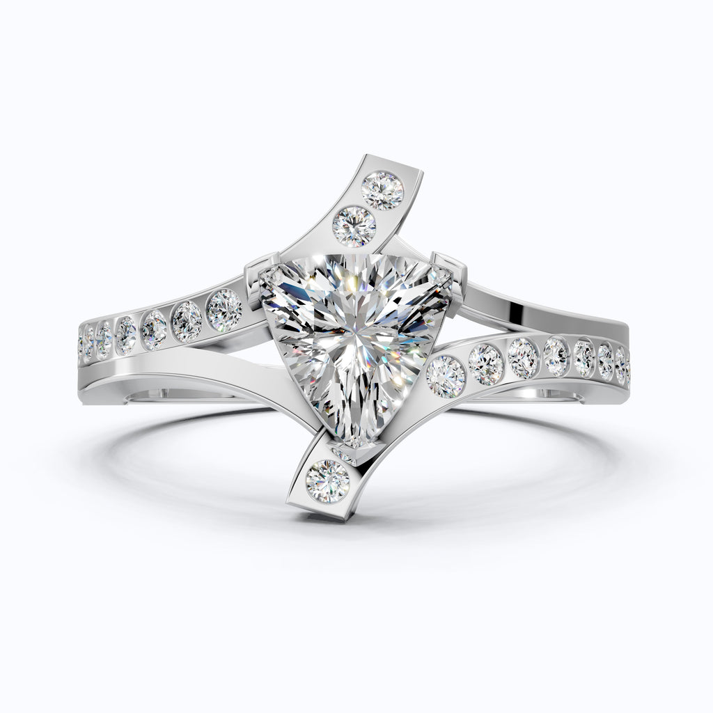 Trillion Cut Modern Sprit Shank Pave Engagement Ring in 14k Yellow Gold, Birthday Gift for Wife, Handmade Fine Jewelry