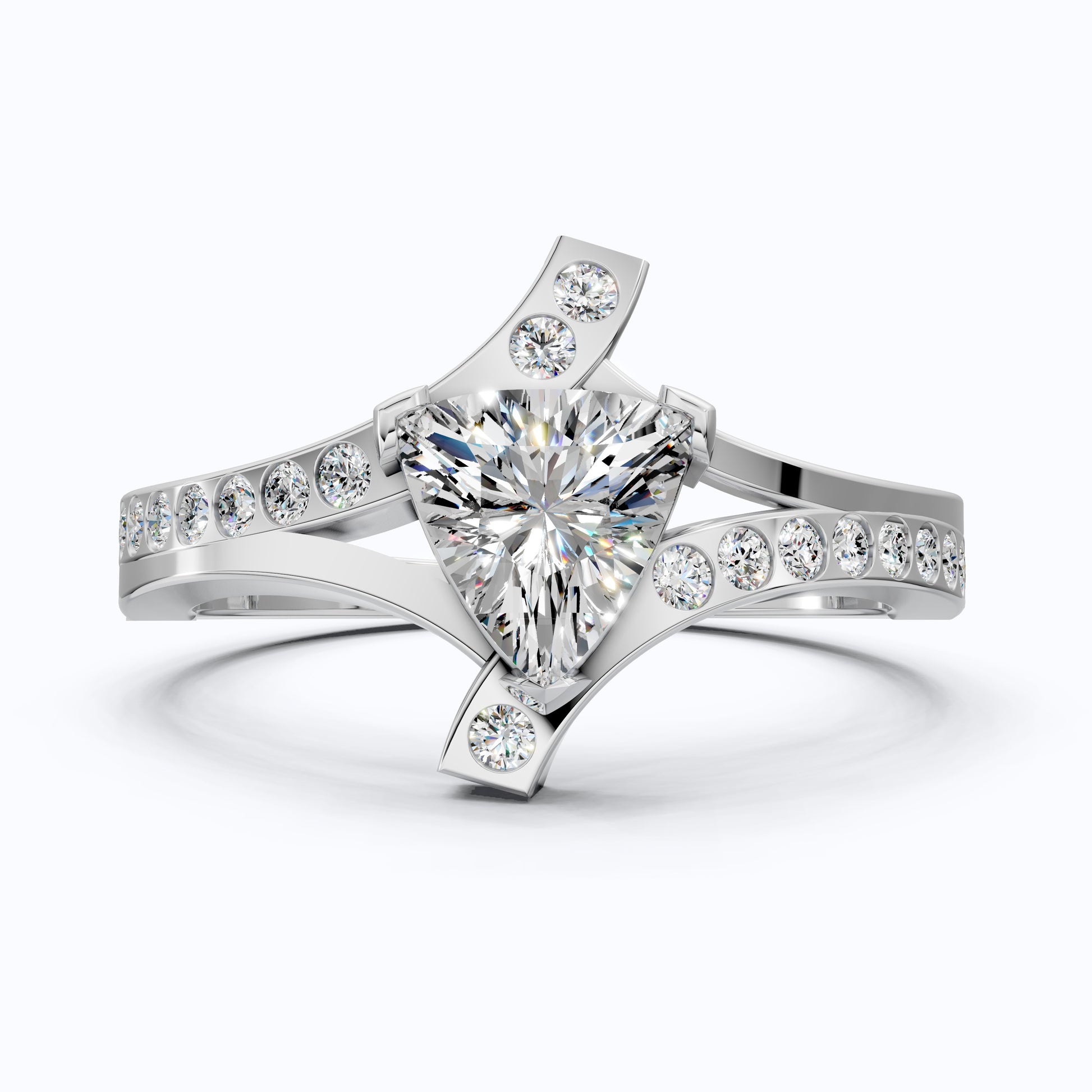 Trillion Cut Modern Sprit Shank Pave Engagement Ring in 14k Yellow Gold, Birthday Gift for Wife, Handmade Fine Jewelry