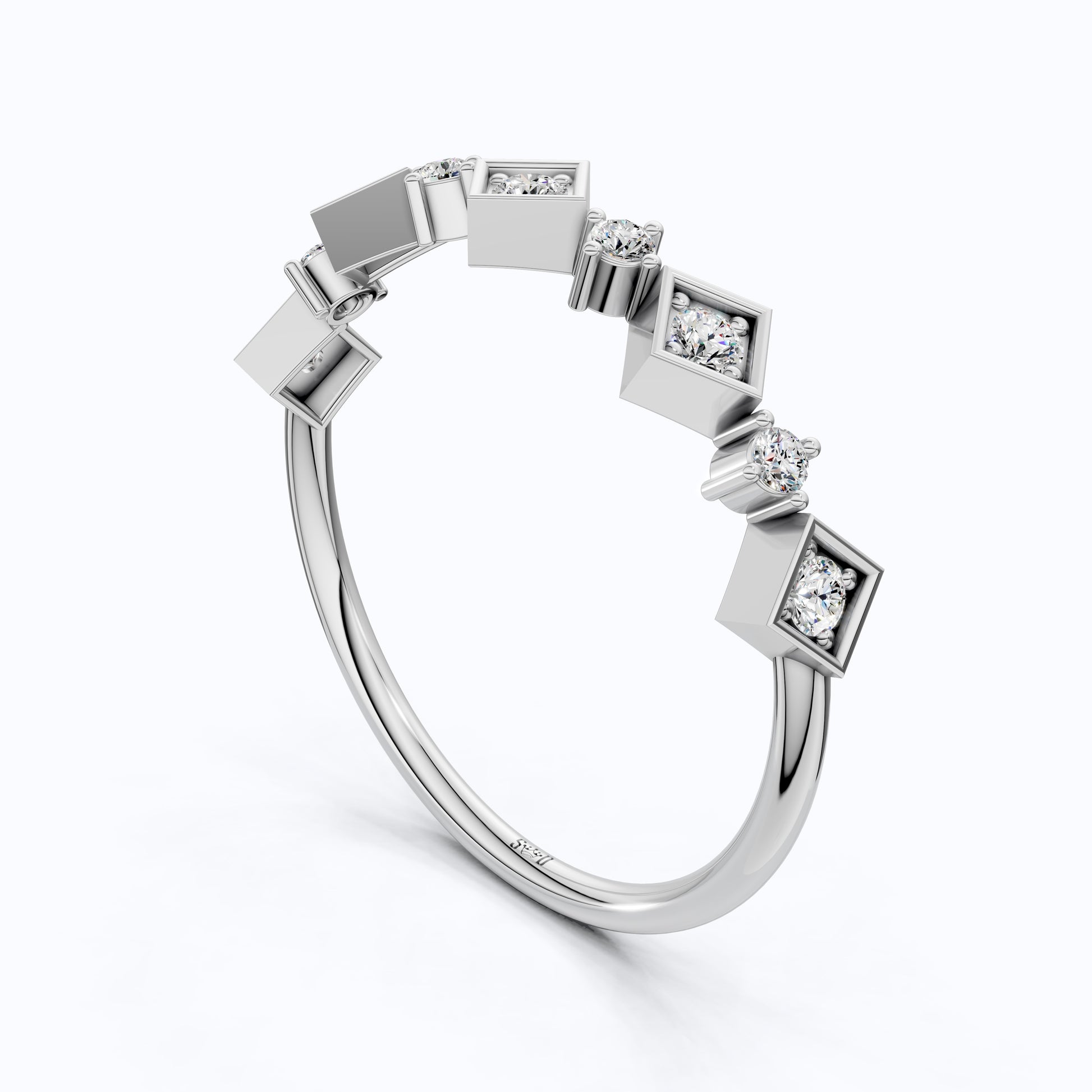Art Deco Inspired Geometric Diamond Wedding Band in Lab Diamond-14k Solid Gold, Unique Band For Her,
