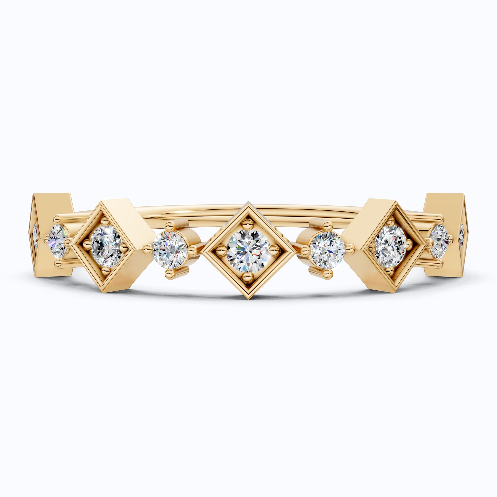Art Deco Inspired Geometric Diamond Wedding Band in Lab Diamond-14k Solid Gold, Unique Band For Her,