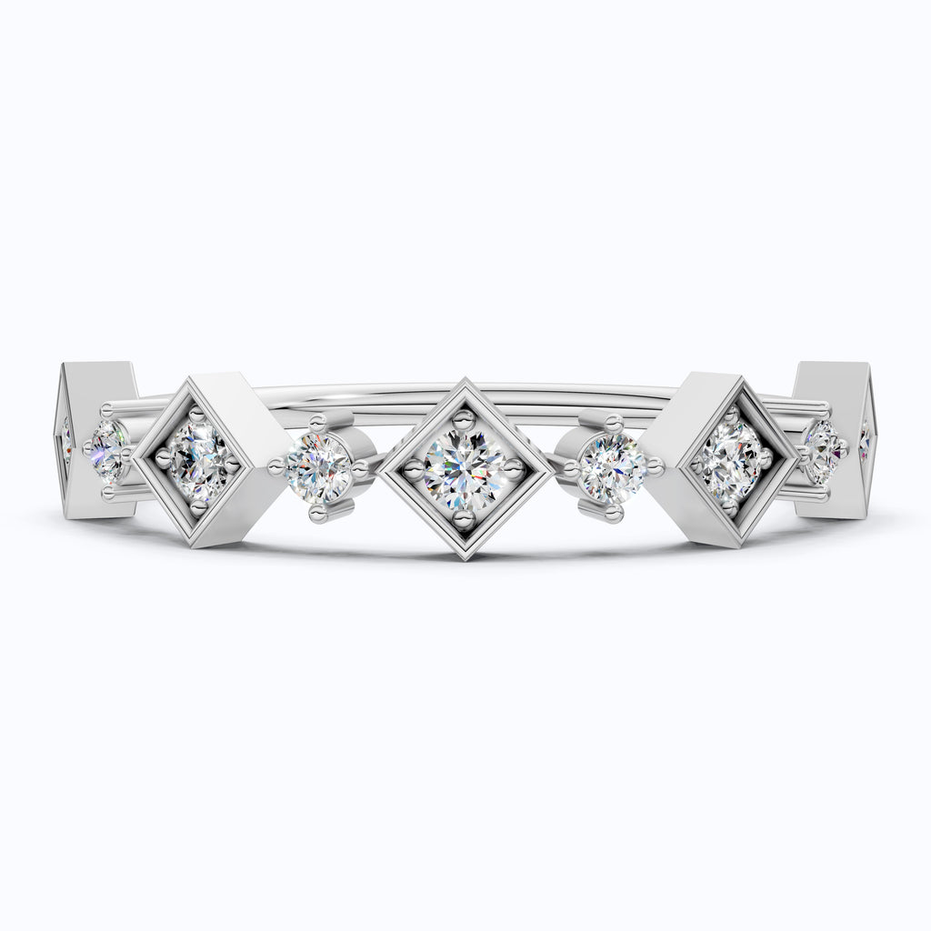 Art Deco Inspired Geometric Diamond Wedding Band in Lab Diamond-14k Solid Gold, Unique Band For Her,