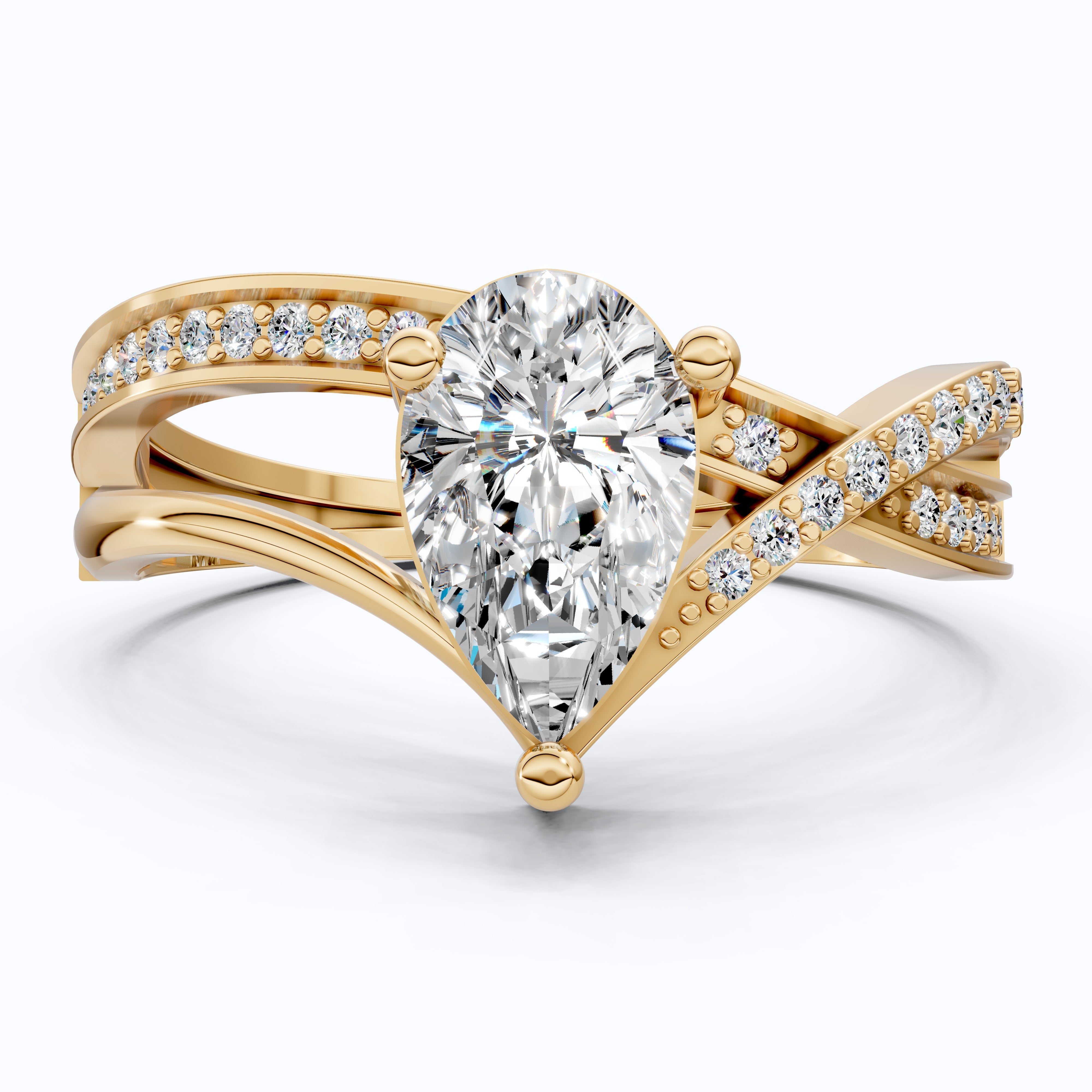 Three Row Twisted Pear Pave Engagement Ring in 14K Solid Gold, 0.70 CT Pear Cut Lab Created Diamond, Bridal Jewelry