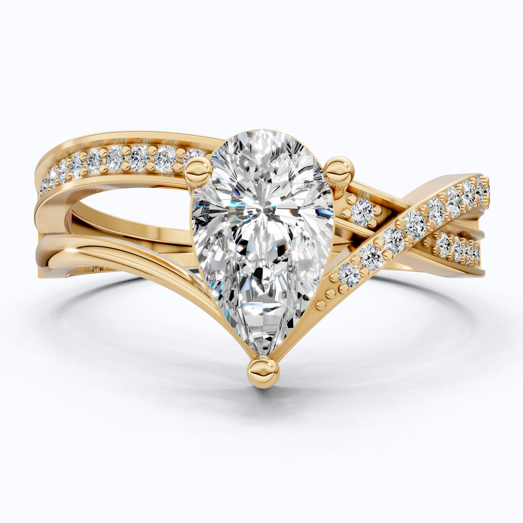 Three Row Twisted Pear Pave Engagement Ring in 14K Solid Gold, 0.70 CT Pear Cut Lab Created Diamond, Bridal Jewelry